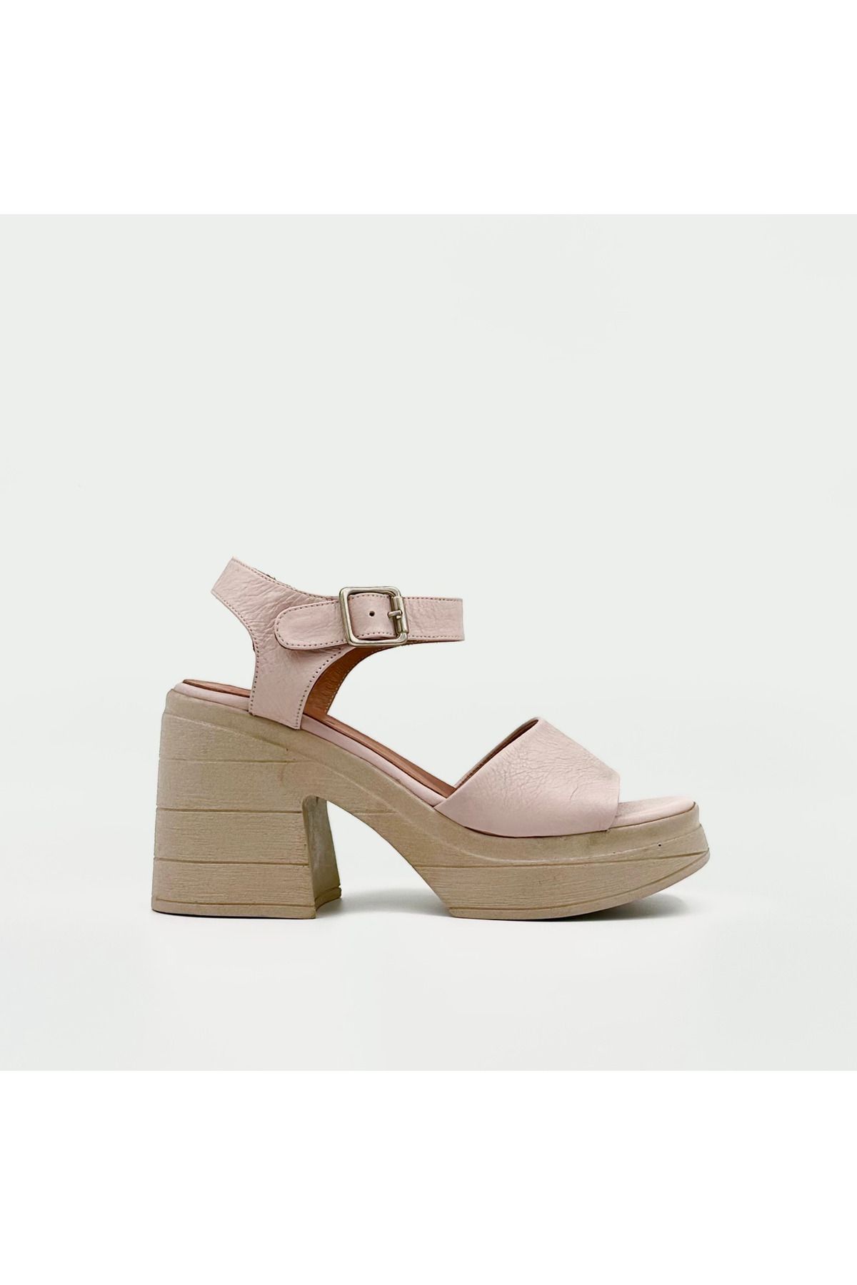 Folle Pudra Pembe Hakiki Deri Platform Topuklu Sandalet
