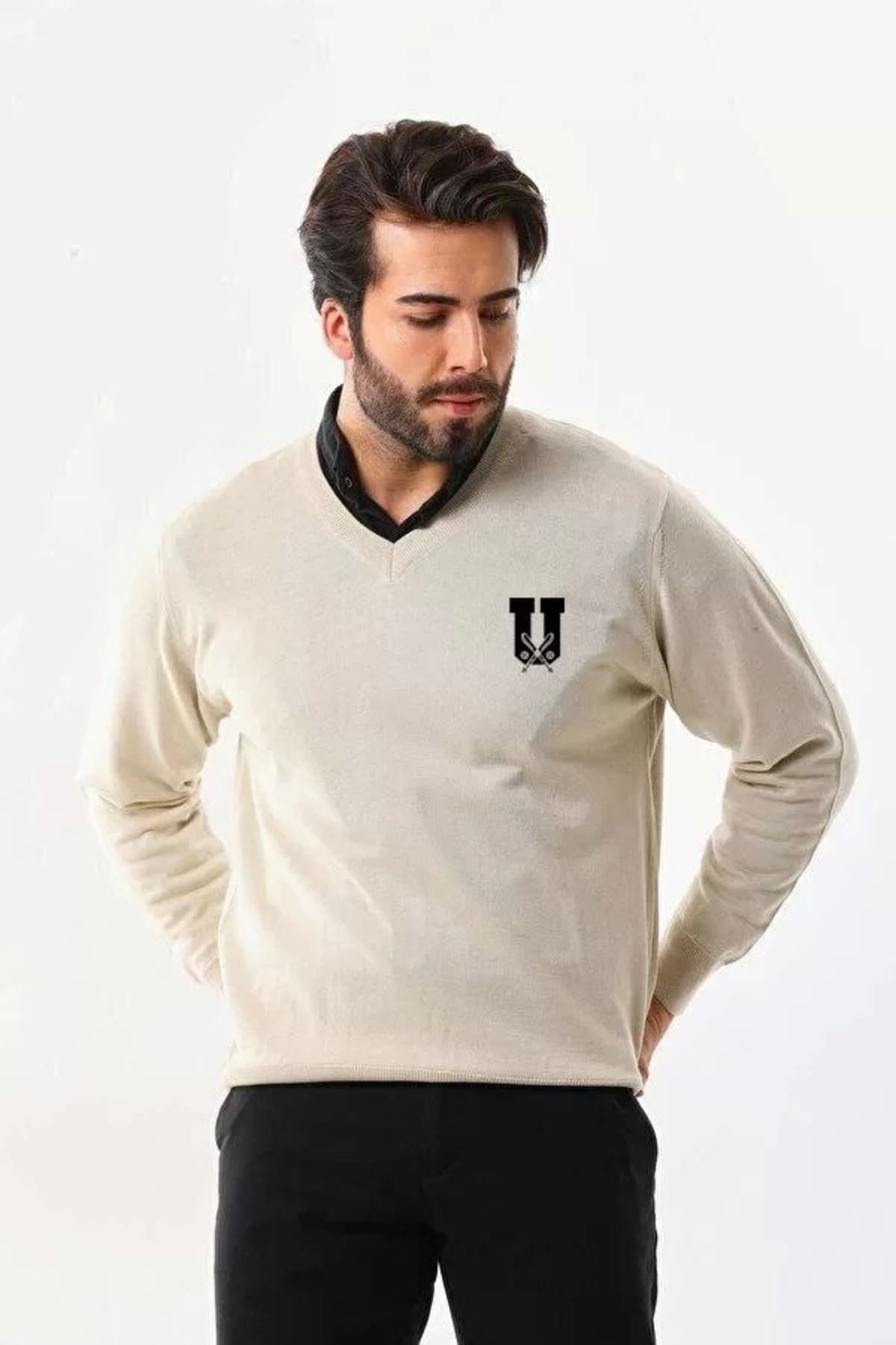 MODA Baskılı V Yaka Uzun Kol Dokuma Triko - Bej