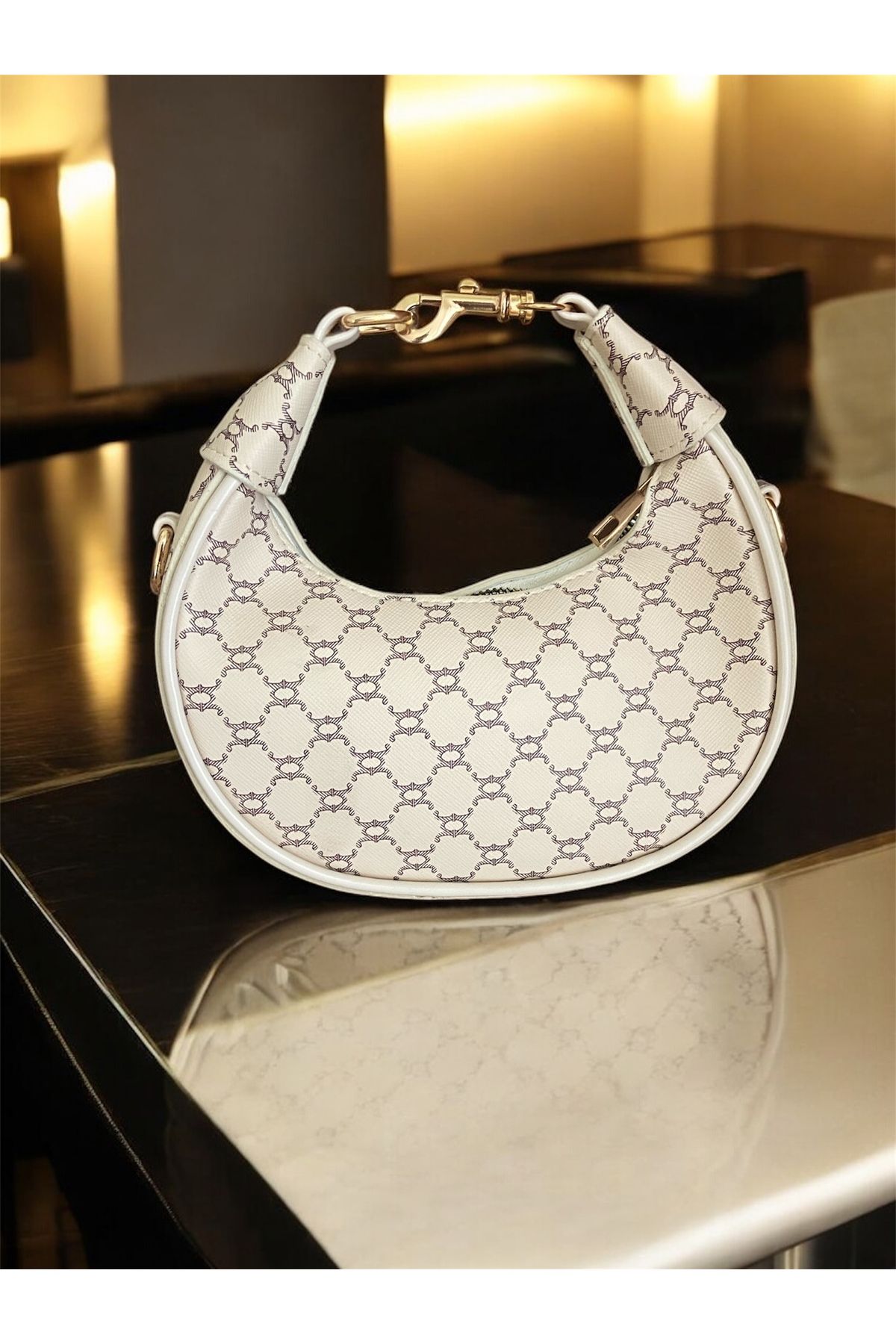 Melos Butik Kadın Krem Jakar Desenli Mini El Ve Omuz Çantası
