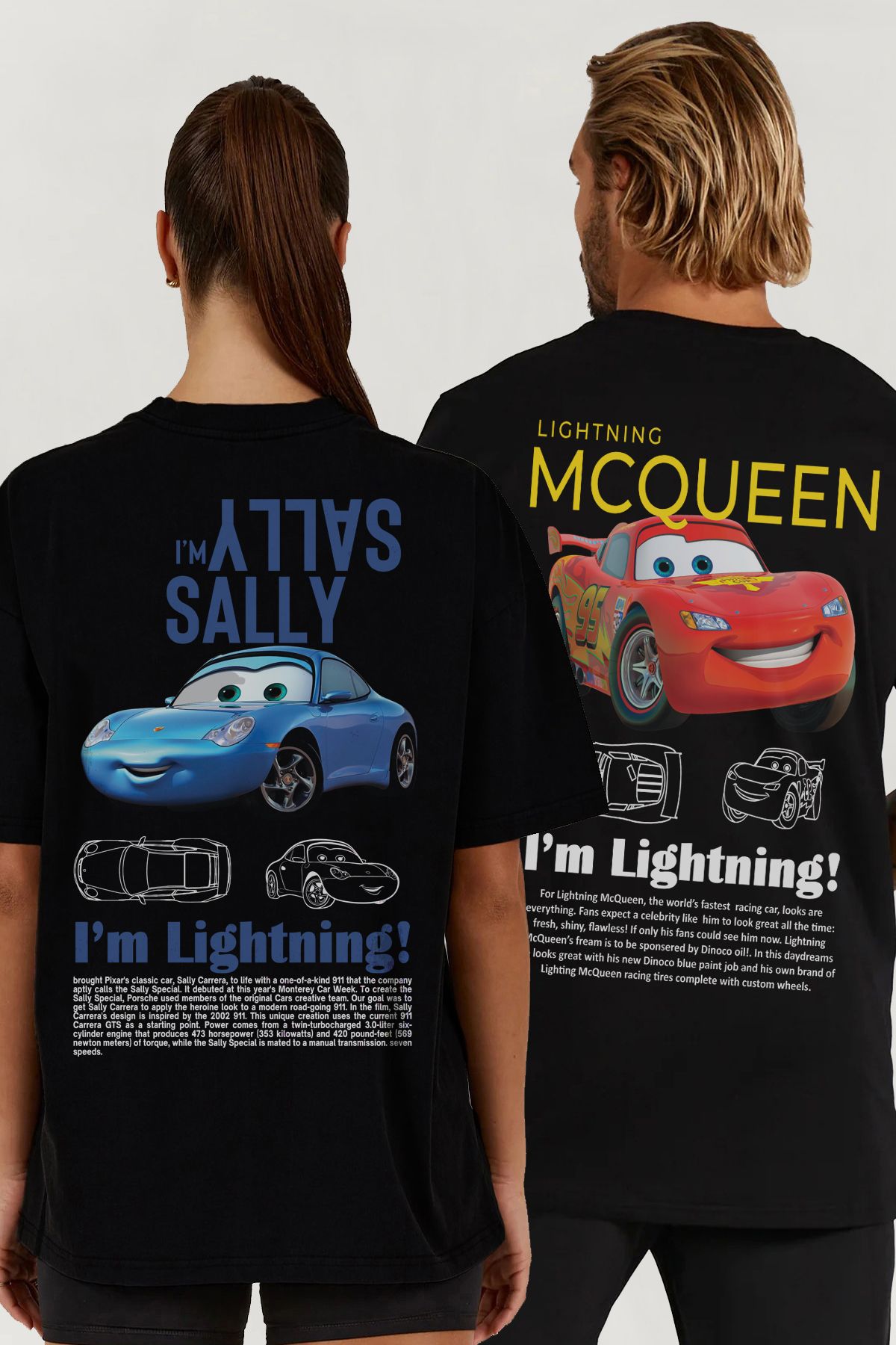MODA Şimşek McQueen I'm Sally Çift Sevgili Kombini Oversize Kalıp Siyah Geniş Bol Kesim Unisex Tişört