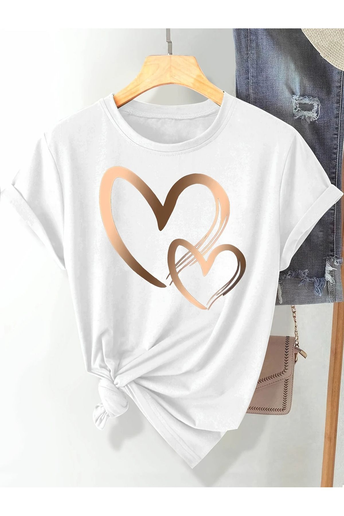 ELNOYA Pamuklu Oversize Double Heart Baskılı Kısa Kollu Bisiklet Yaka Rahat Günlük T-shirt