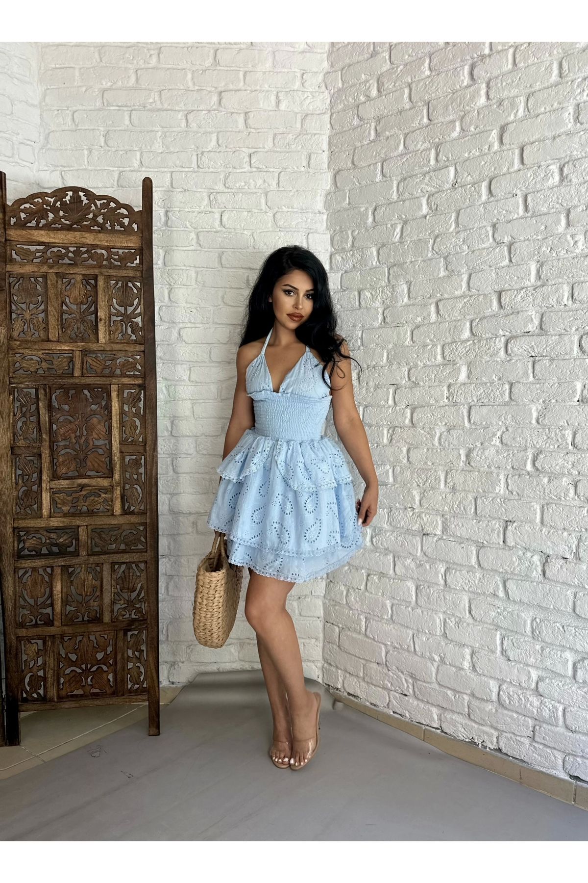 moneta boutique Kadın Boyundan Bağlamalı Kat Kat Fisto Tasarım Elbise
