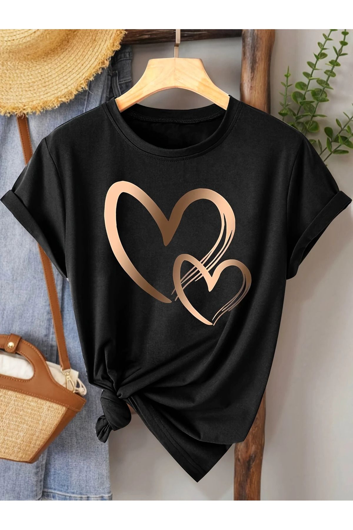 ELNOYA Pamuklu Oversize Double Heart Baskılı Kısa Kollu Bisiklet Yaka Rahat Günlük T-shirt