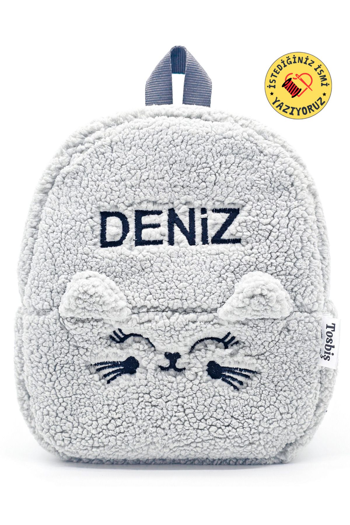 Tosbiş [ İSTEDİĞİNİZ İSMİ YAZIYORUZ ] Kedicik Gri (FİGÜR+İSİM) 0-8 Yaş Çocuk Sırt Çantası, Anaokulu -kreş