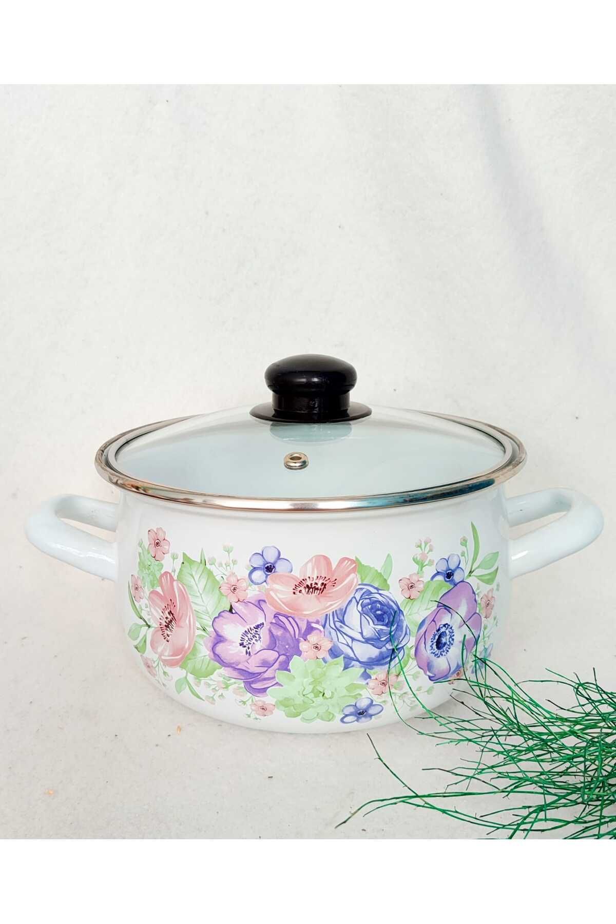 EBRULİEMAYE PEMBE MOR ÇİÇEK EMAYE TENCERE 2 LİTRE 18 CM SÜT YOĞURT ÇORBA GÜVEÇ TENCERESİ