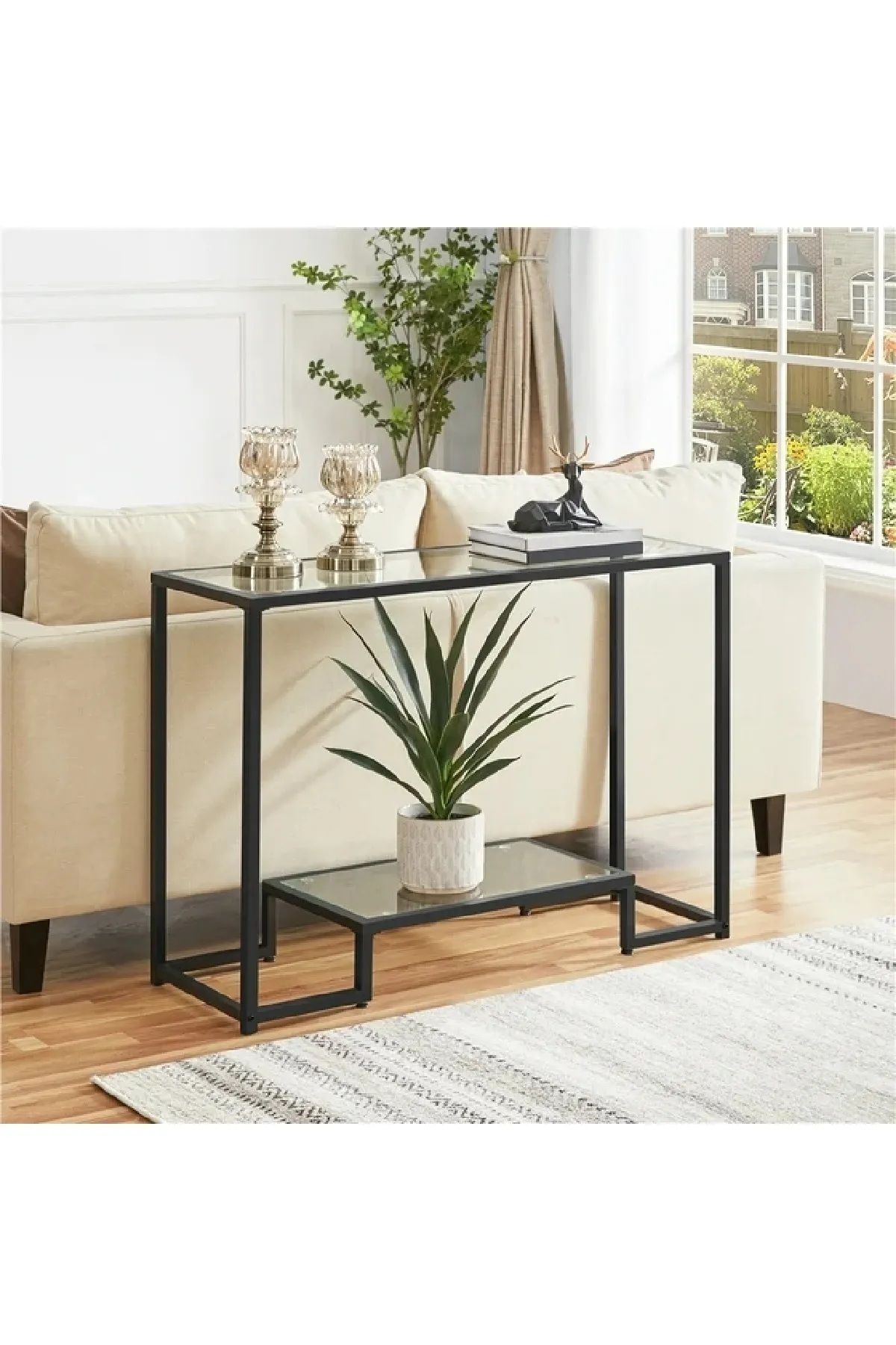 HNC HOME Çok Amaçlı Cam Konsol Modern Siyah Renk Metal İskeletli Temper Camlı Raflı Dresuar Konsol