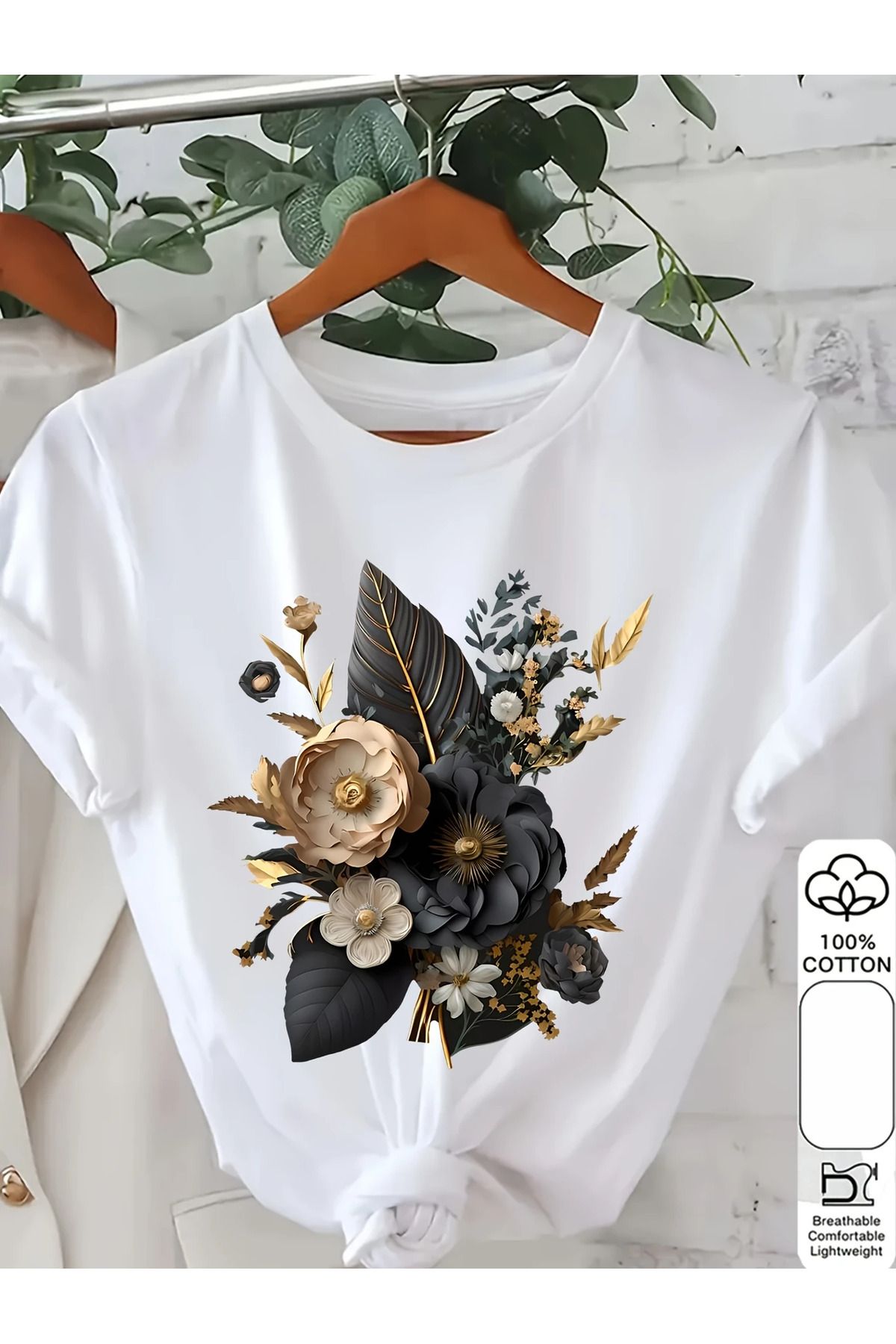 ELNOYA Pamuklu Oversize Floral Baskılı Kısa Kollu Bisiklet Yaka Rahat Günlük T-shirt