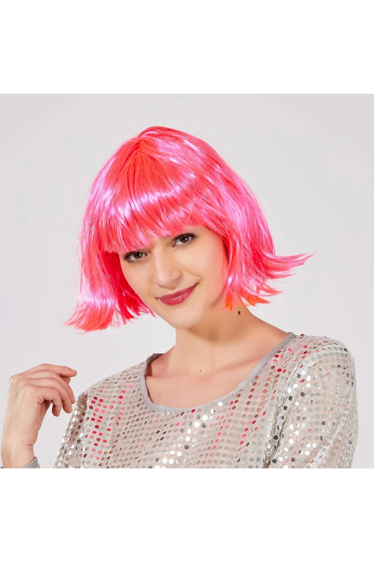 İnnMerry Şeker Pembe Renk Parti Peruğu Küt Saç (5047)