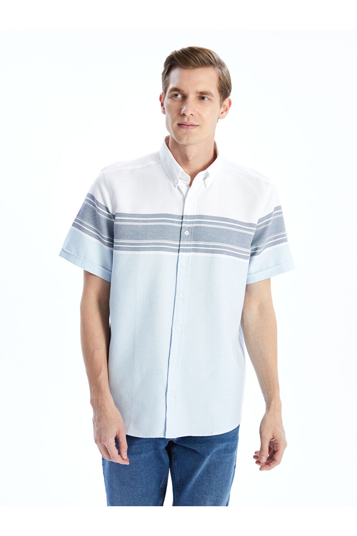 LC Waikiki LCWAIKIKI Classic Turkuaz Regular Fit Kısa Kollu Çizgili Erkek Gömlek S5FI93Z8NVY25
