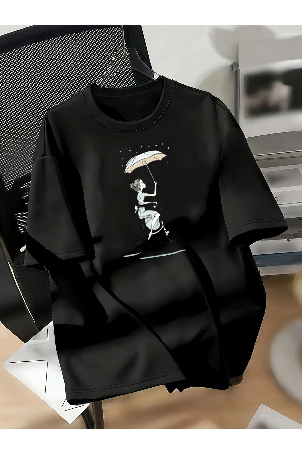 Pink Sky Pamuklu Oversize Baskılı Kısa Kollu Bisiklet Yaka Rahat Günlük T-shirt