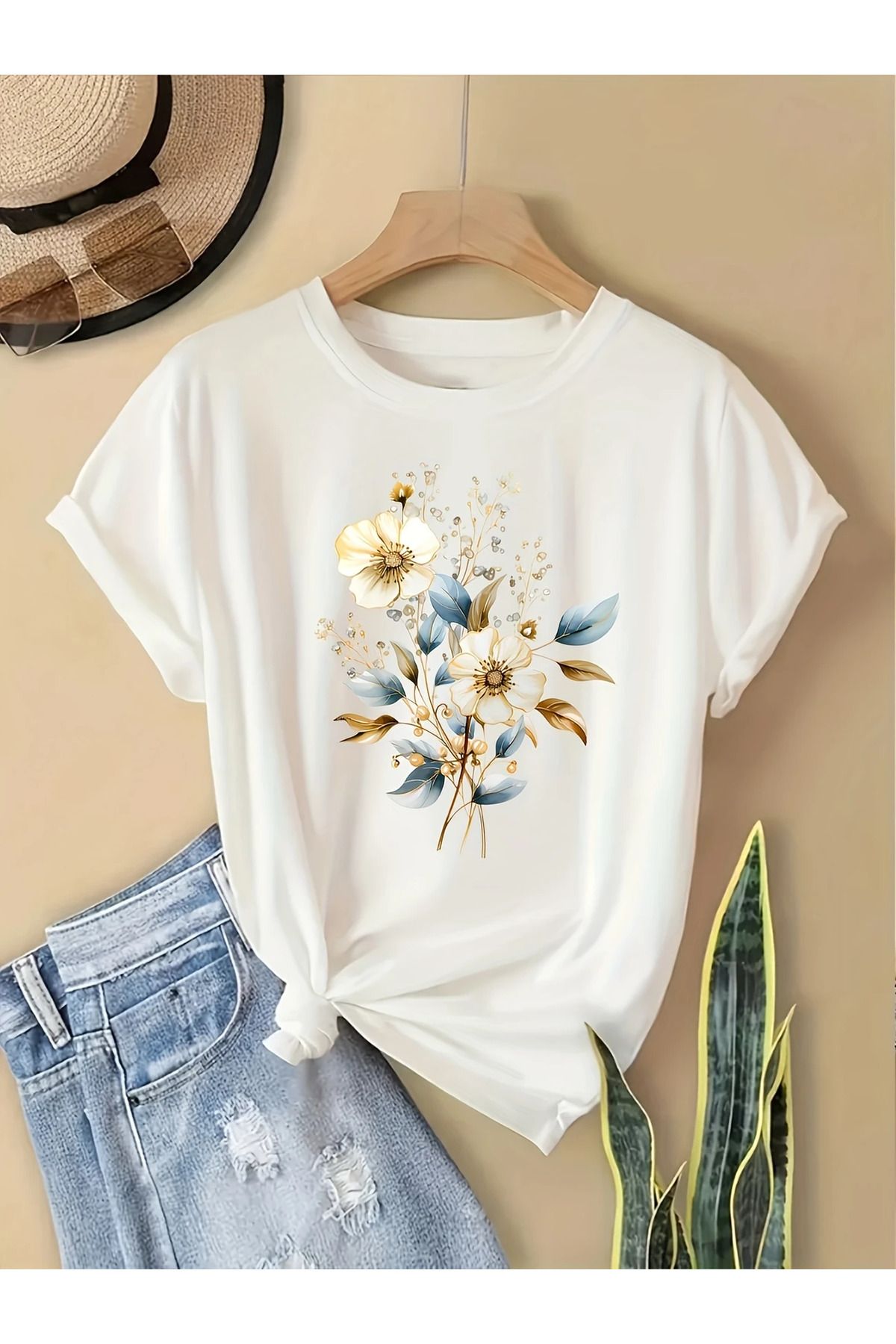 ELNOYA Pamuklu Oversize Vintage Floral Baskılı Kısa Kollu Bisiklet Yaka Rahat Günlük T-shirt