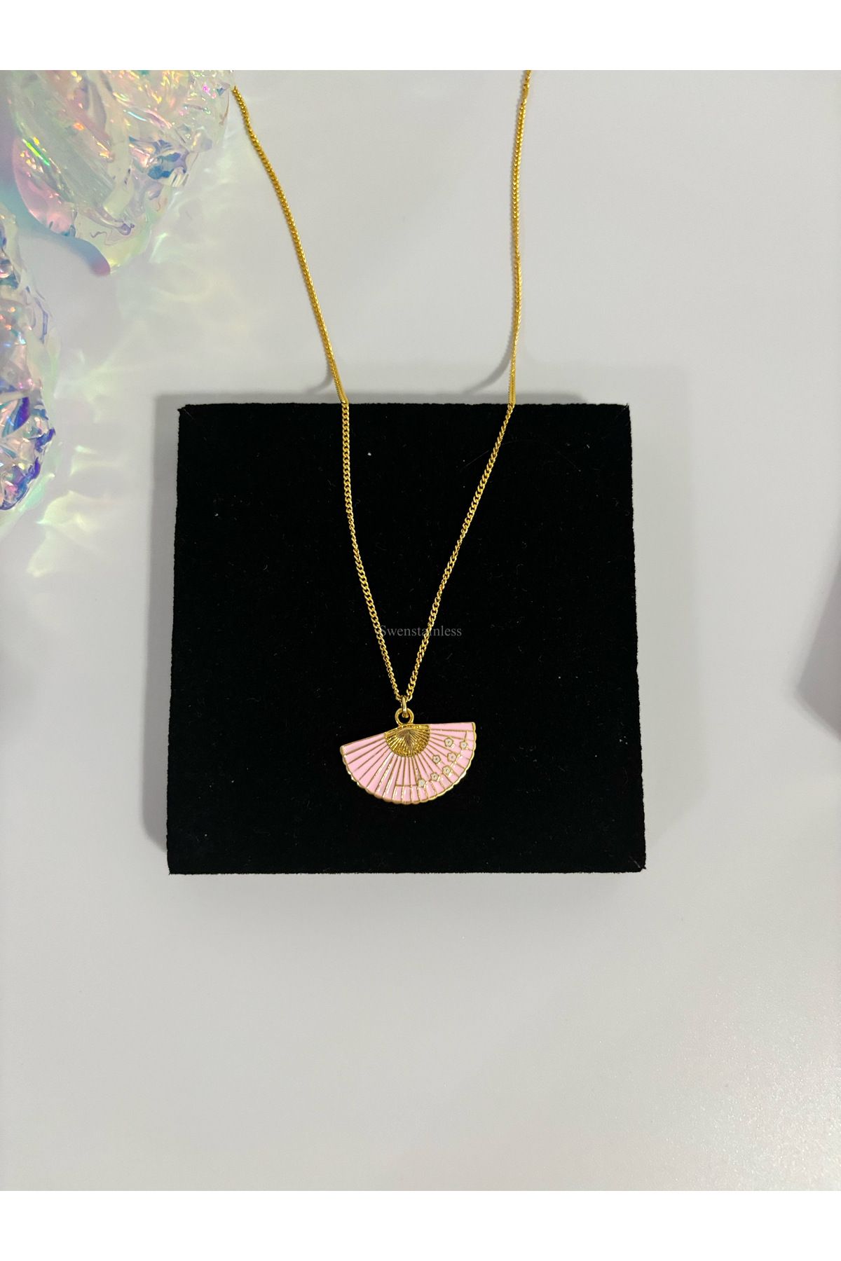 AccSWEN Pembe mineli yelpaze kolye ss damgalı çelik