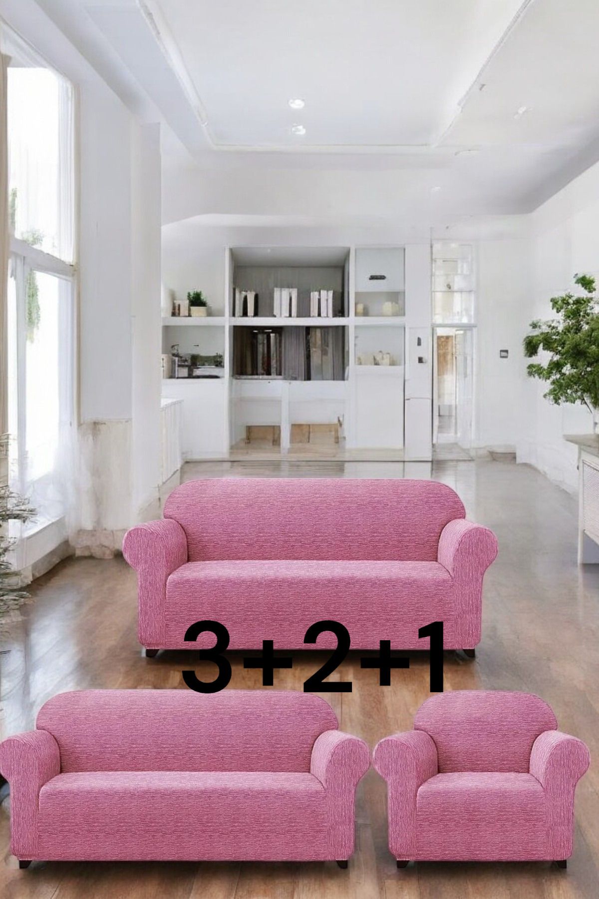 Gibella 3+2+1 Jakarlı Çubuk Desen Lastikli Koltuk Kılıfı Çekyat Koltuk Örtüsü Streç Esnek kanepe kılıfı