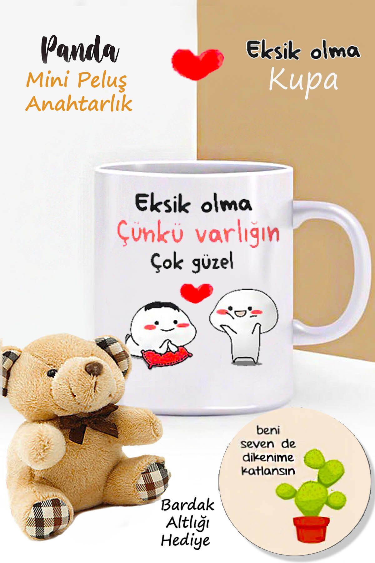 RETROGO Eksik Olma Varlığın Çok Güzel Kupa & Mini Peluş Ayıcık Anahtarlık & Bardak Atlığı