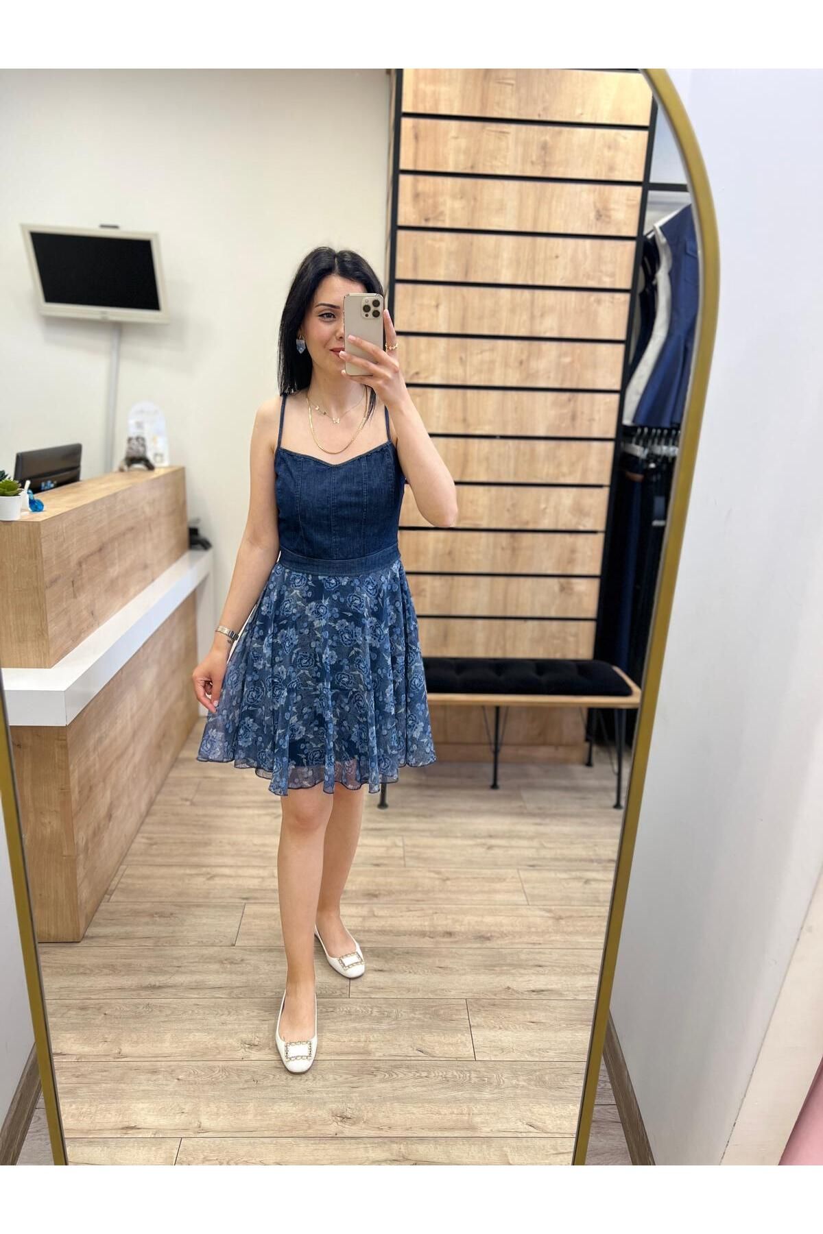 beyazmoda Lavivert Çiçek Desenli Kot Elbise