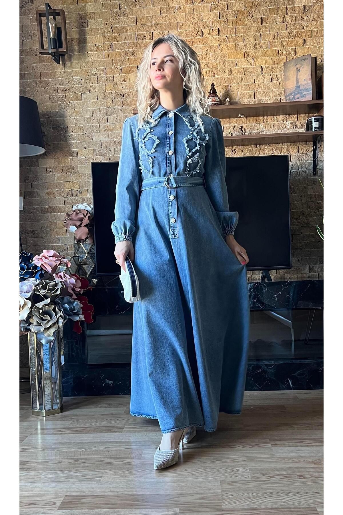 Cardella Tesettür Uyumlu Yazlık Denim Kot Elbise - Şık ve Rahat Tasarım