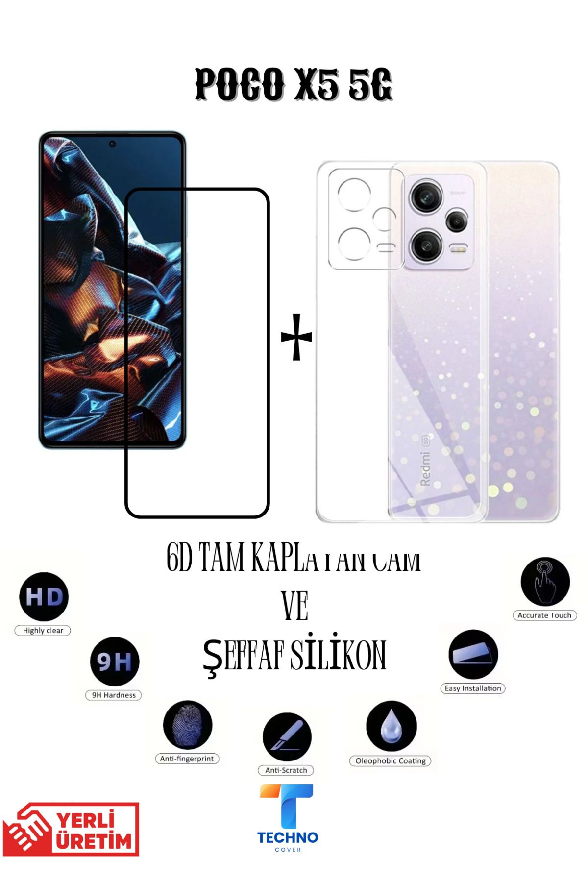 foxpower Poco X5 5G 6D Tam Kaplayan Ekran Koruyucu ve Şeffaf Kılıf 2li Avantajlı Paket