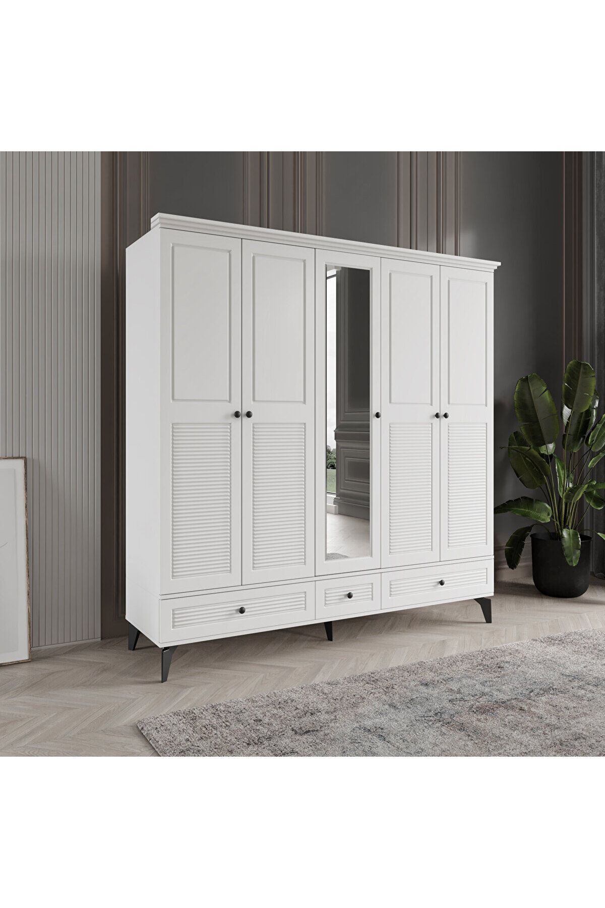 DRNHOME İNCİ 5 KAPAKLI BEYAZ GARDIROP TAMAMI MDF
