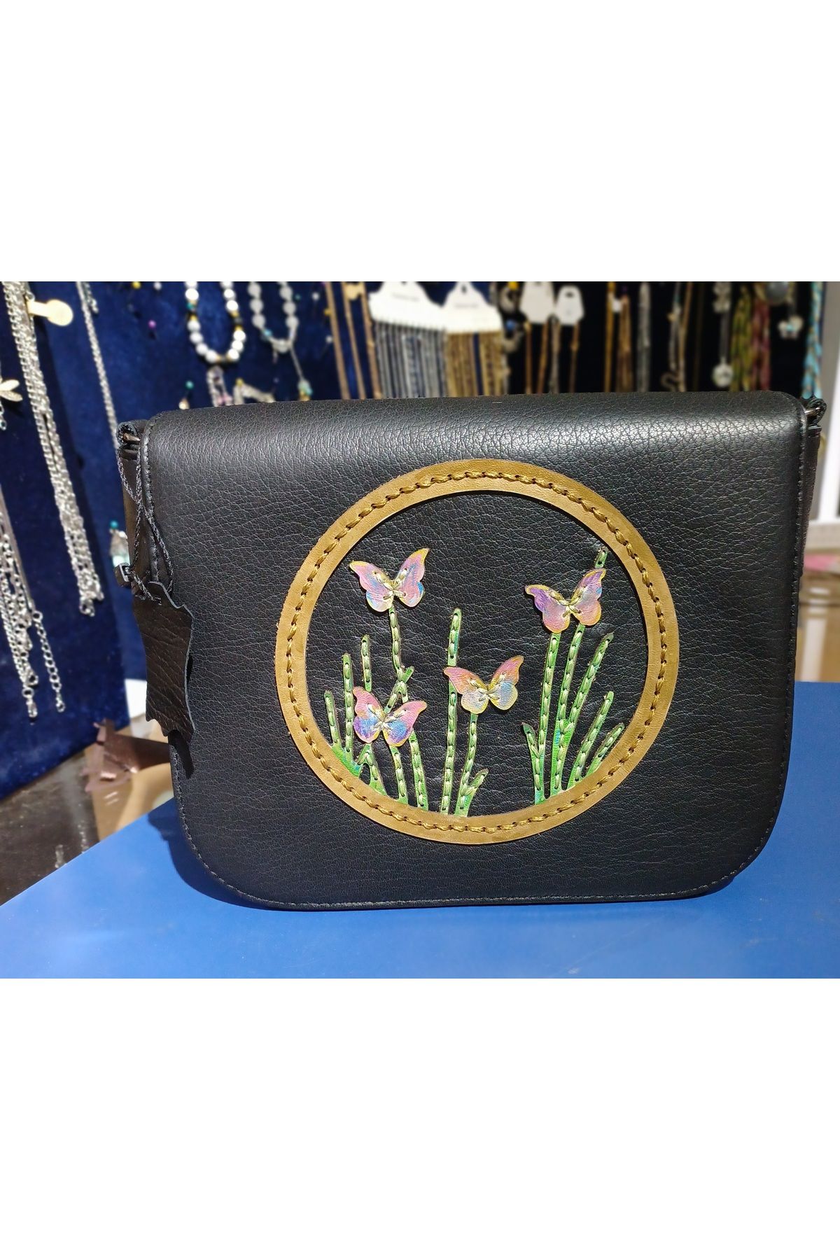 Durush Collection TASARIM GERÇEK DERİ SİYAH EL İŞLEMELİ ÇAPRAZ KADIN ÇANTASI