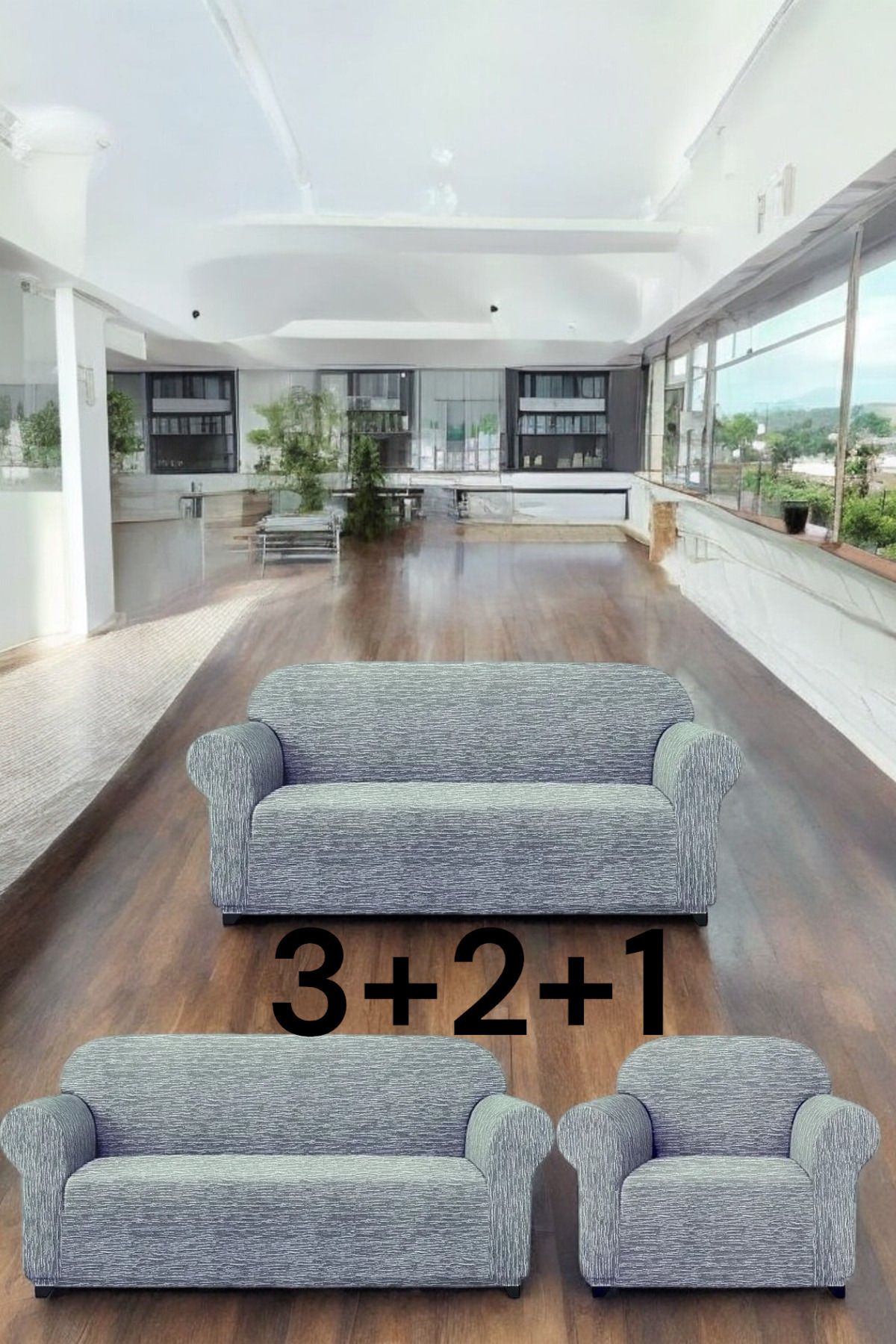 Gibella 3+2+1 Jakarlı Çubuk Desen Lastikli Koltuk Kılıfı Çekyat Koltuk Örtüsü Streç Esnek kanepe kılıfı