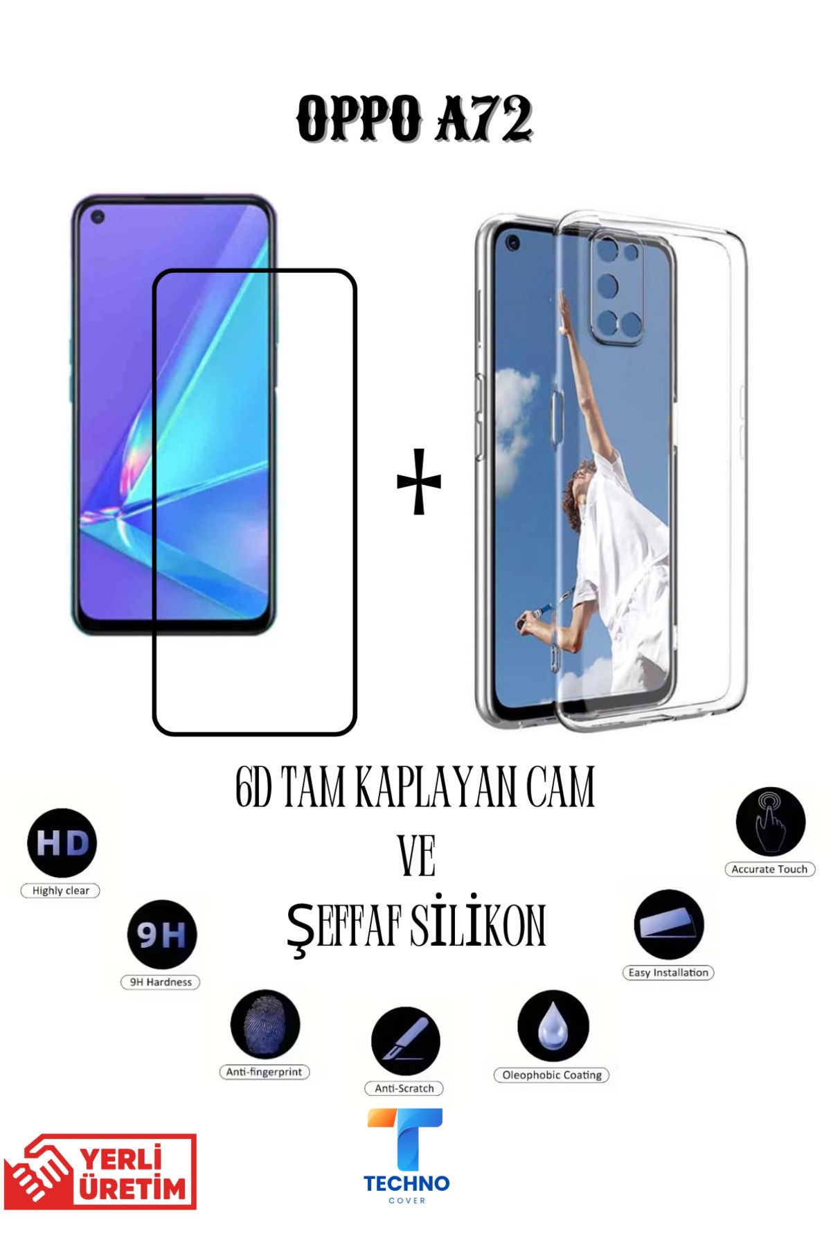 foxpower Oppo A72 6D Tam Kaplayan Ekran Koruyucu ve Şeffaf Kılıf 2li Avantajlı Paket