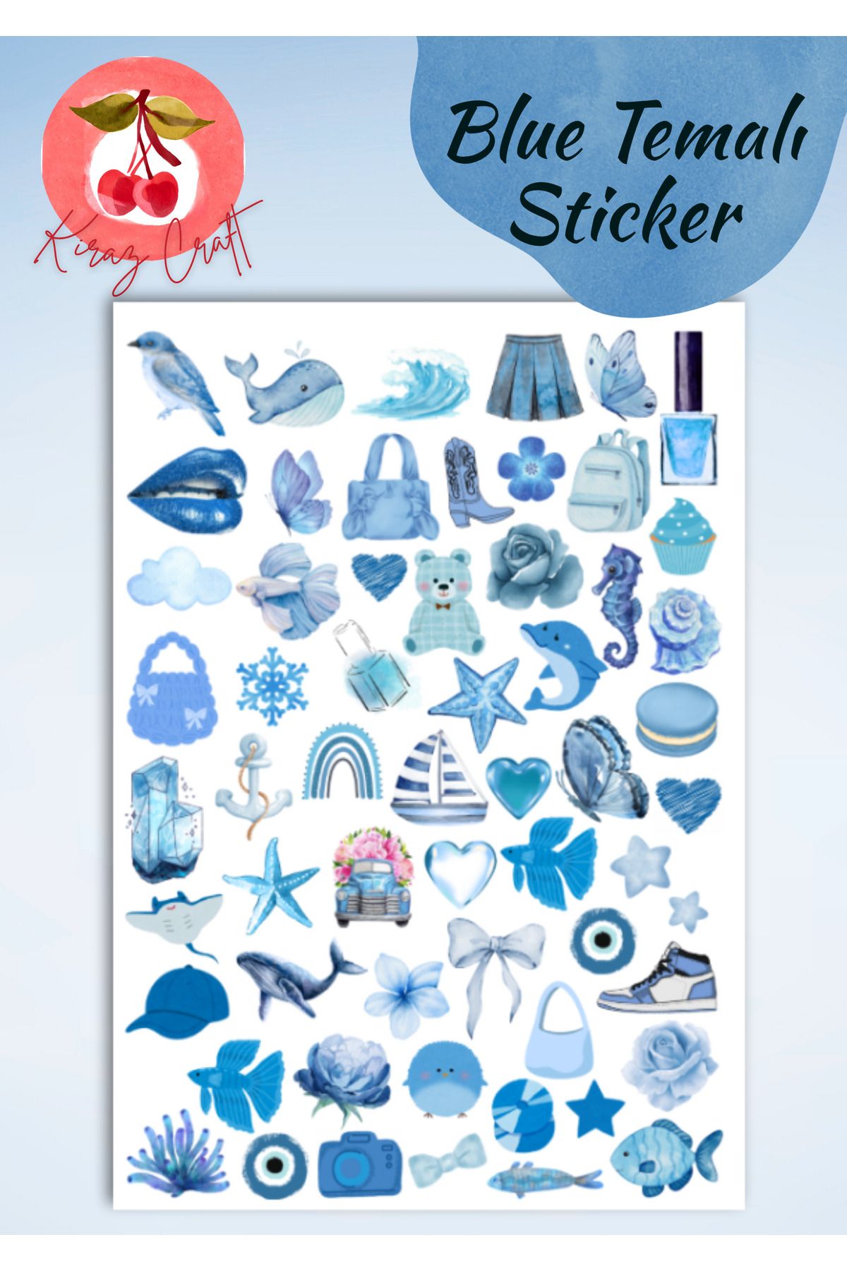 Kiraz Craft Blue Temalı Sticker Planner Ajanda Bullet Journal Için Uygun Set