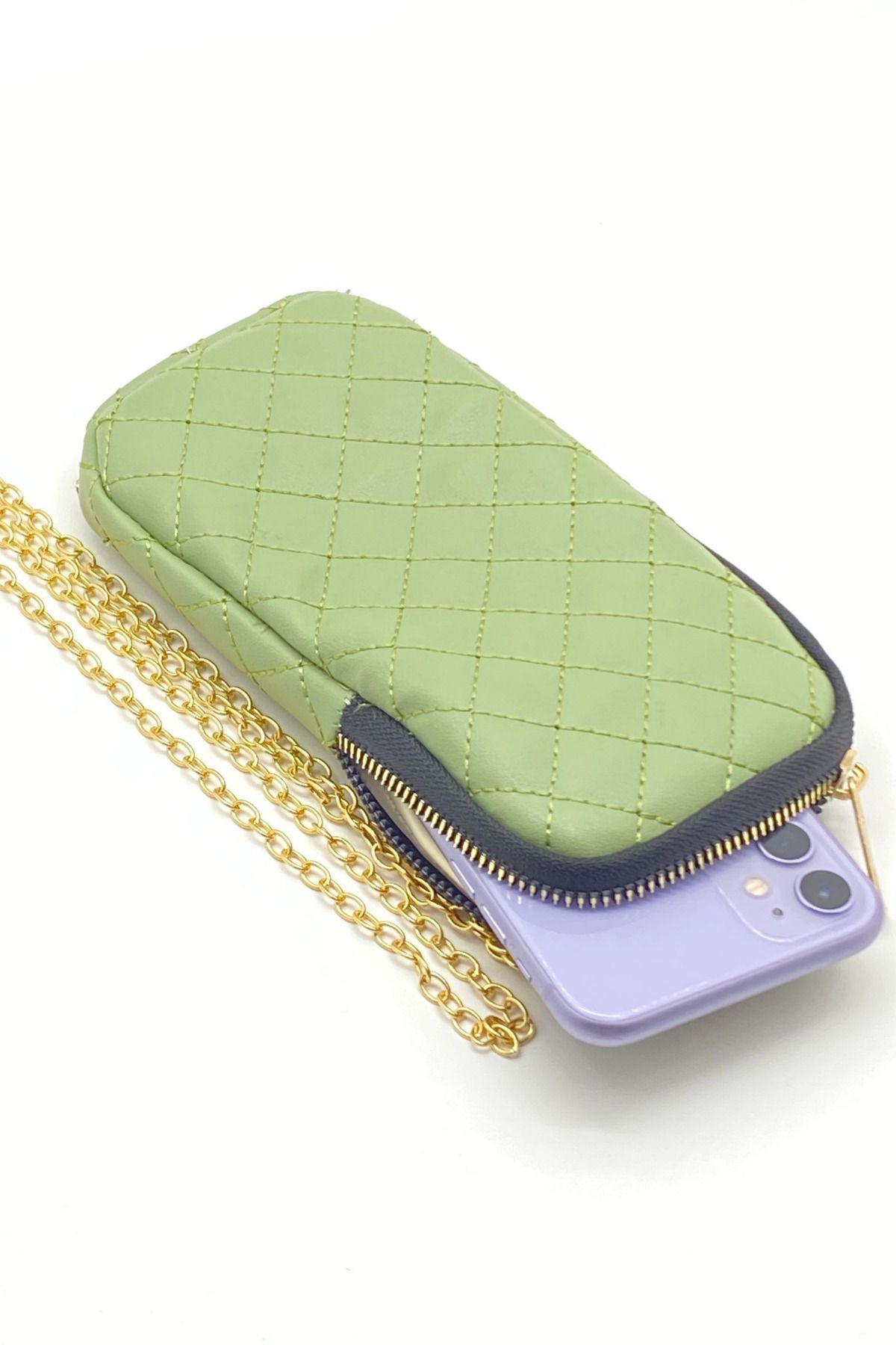 Bersia Kadın Su Yeşili Kapitone Desenli Gold Zincirli Telefon Çantası