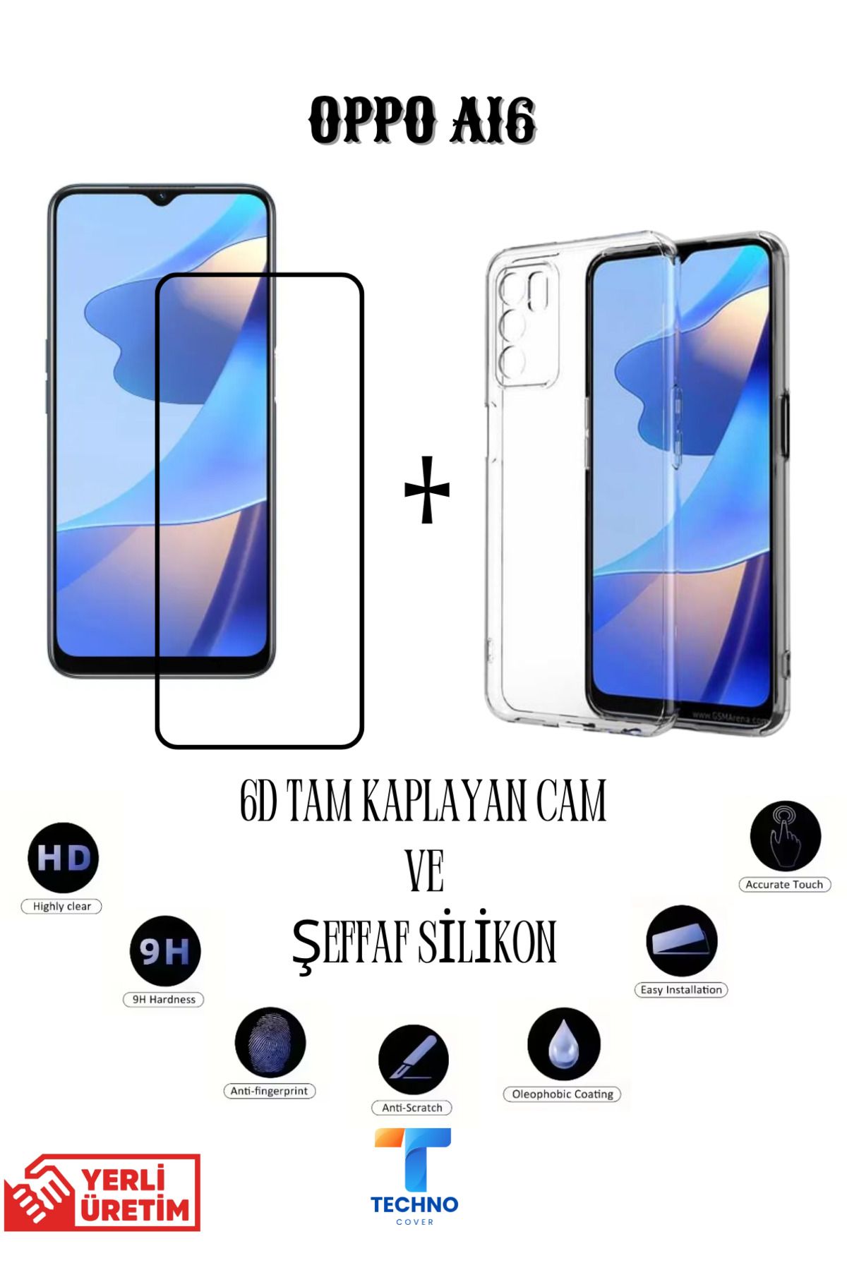foxpower Oppo A16 6D Tam Kaplayan Ekran Koruyucu ve Şeffaf Kılıf 2li Avantajlı Paket