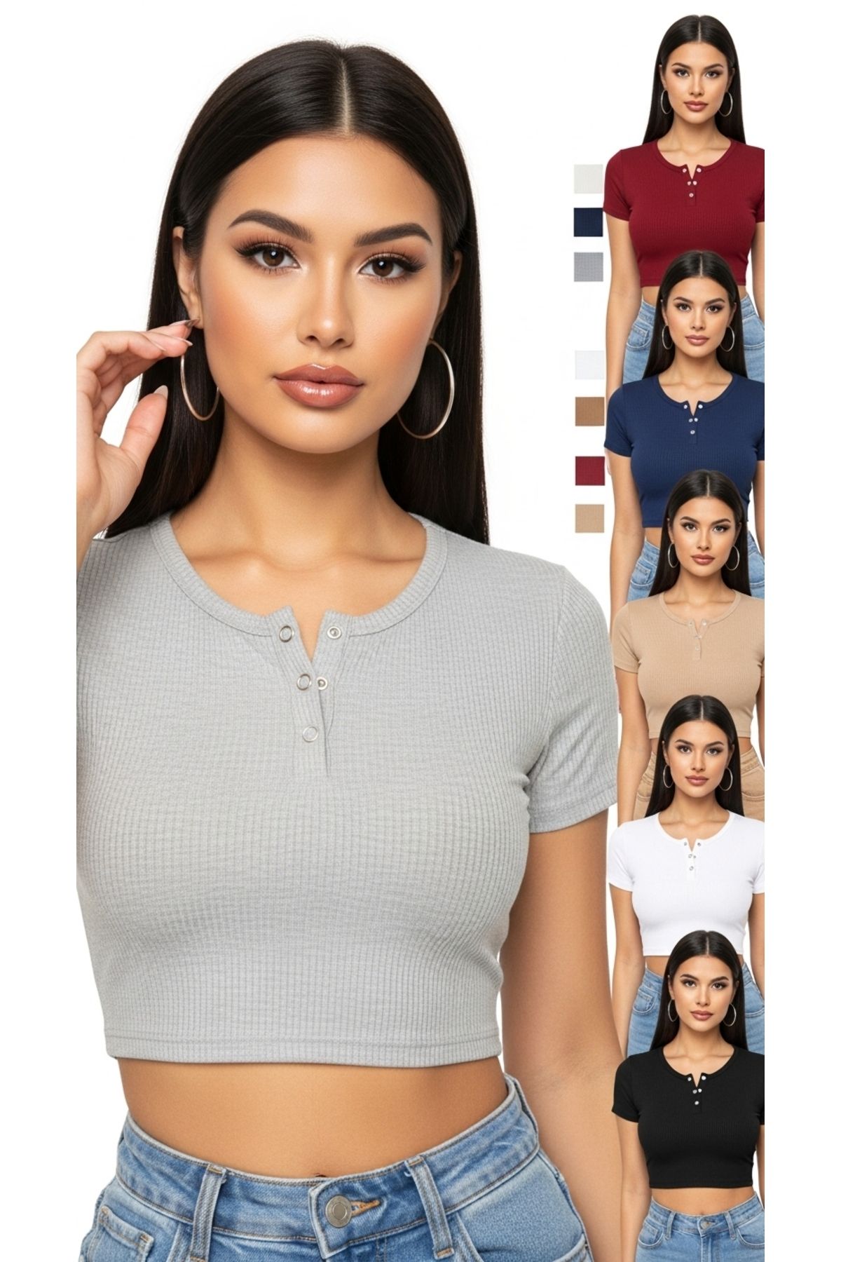 Butikdolabın Kadın Kısa Kollu Çıtçıtlı Yaka Crop Bluz - 6'lı Paket
