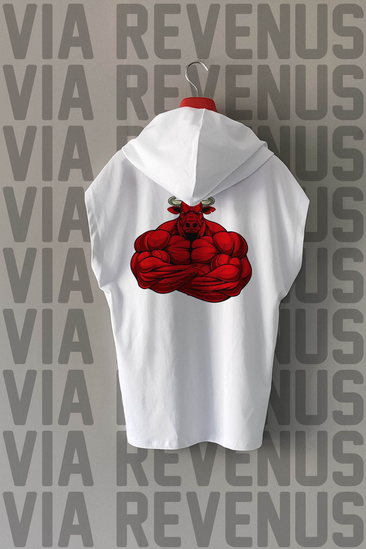 Vordevia Gym Bull Ön ve Arka Baskılı Sıfır Kollu Kapüşonlu %100 Pamuk Spor Tshirt