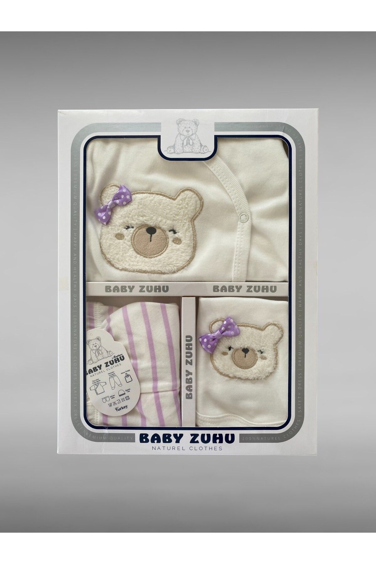 BABY ZUHU 5’li Kız Bebek Zıbın Seti – %100 Pamuk, Fiyonklu Ayıcık Desenli
