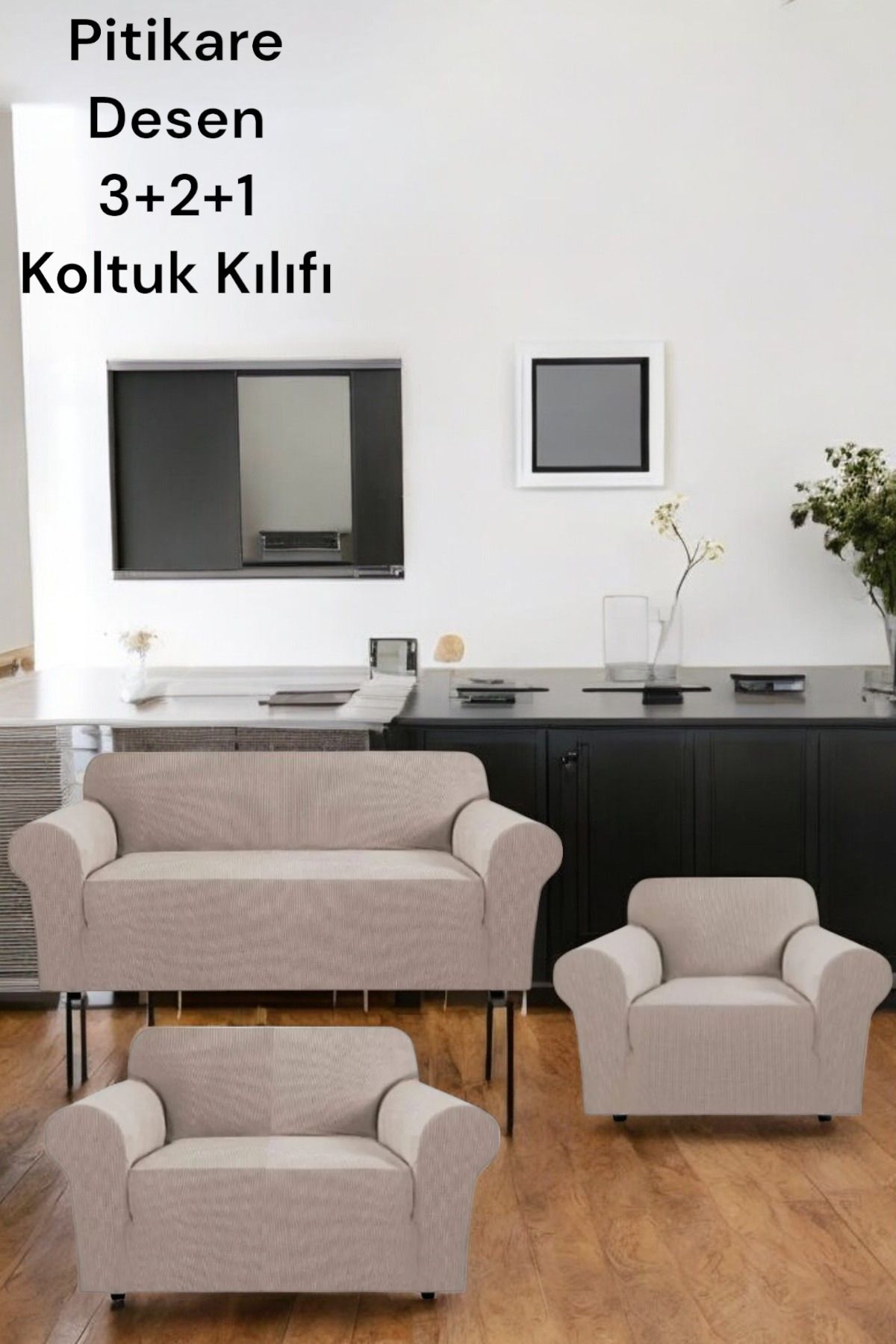 Gibella Likrali Pitikare Desen(321) Koltuk Kılıfı, Lastikli Esnek Yikanabilir Koltuk Çekyat Örtüsü Vizon