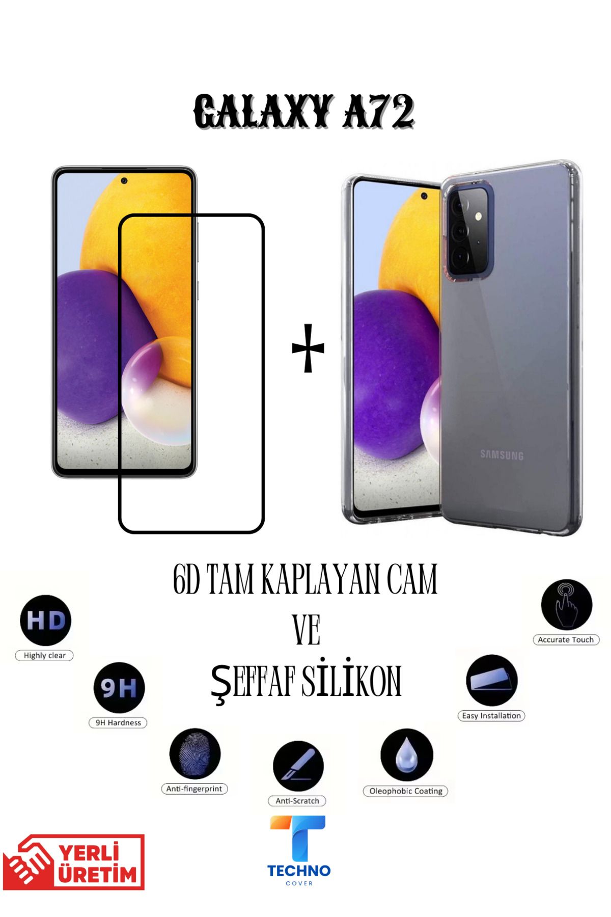 foxpower Samsung A72 6D Tam Kaplayan Ekran Koruyucu ve Şeffaf Kılıf 2li Avantajlı Paket