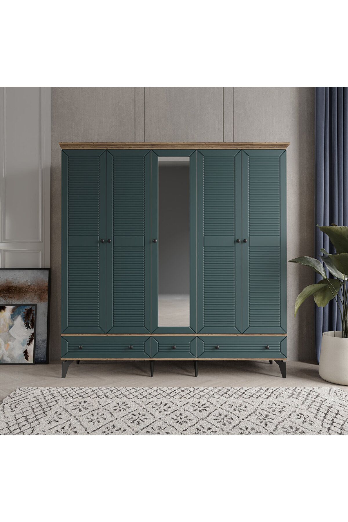 DRNHOME LİNE 5 KAPAKLI YEŞİL GARDIROP TAMAMI MDF