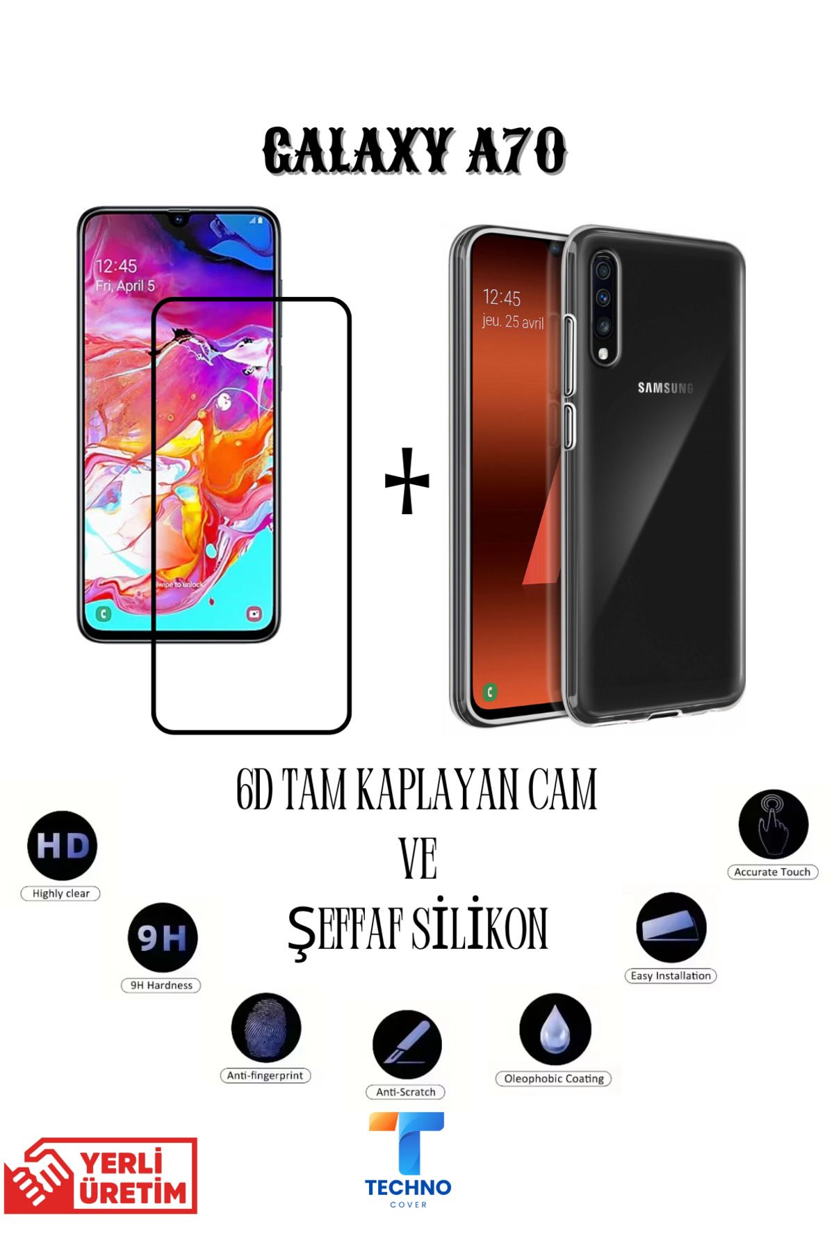 foxpower Samsung A70 6D Tam Kaplayan Ekran Koruyucu ve Şeffaf Kılıf 2li Avantajlı Paket