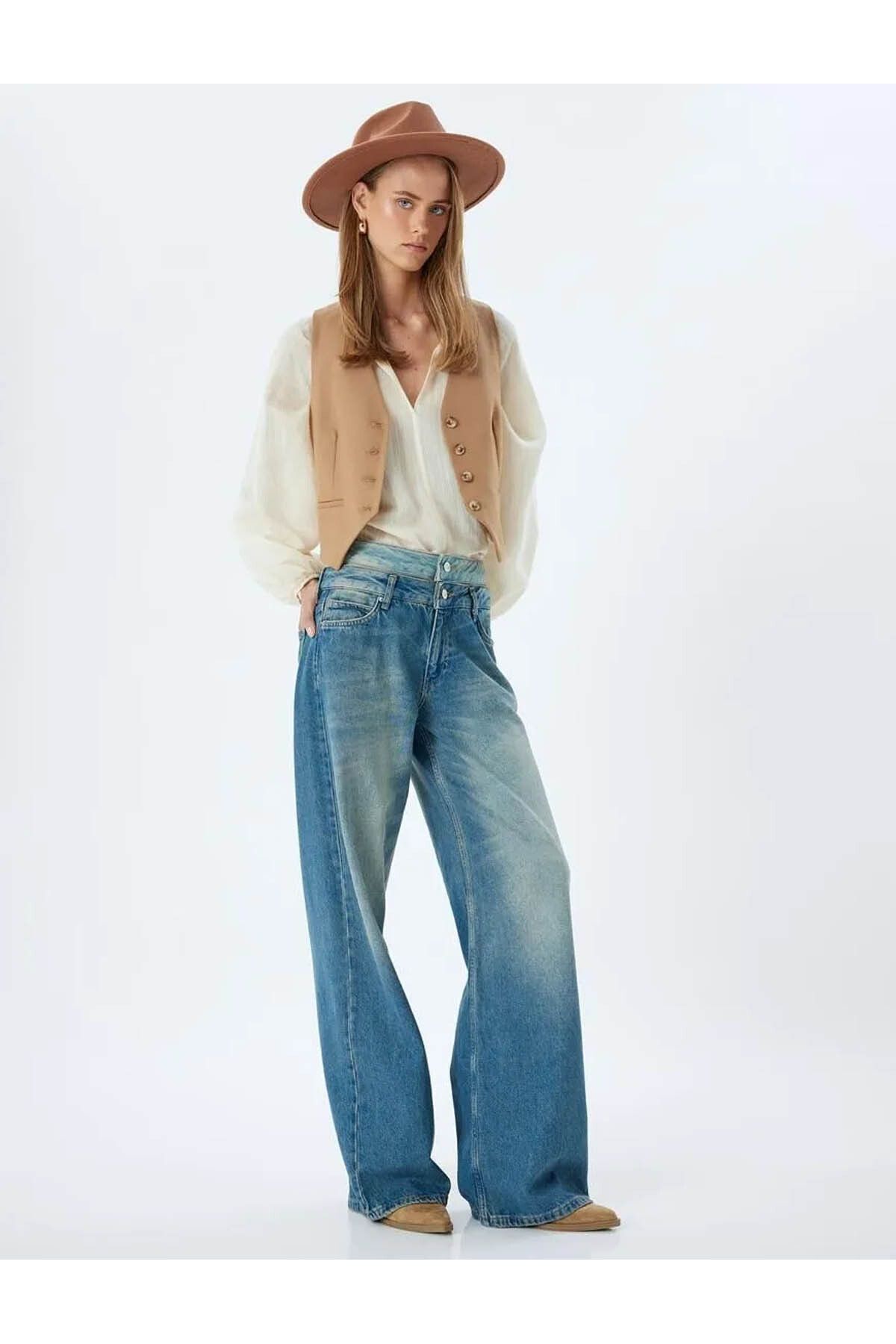 Bol Kot Pantolon Çift Bel Detaylı Düğmeli Yıkamalı - Loose Straight Fit Jean