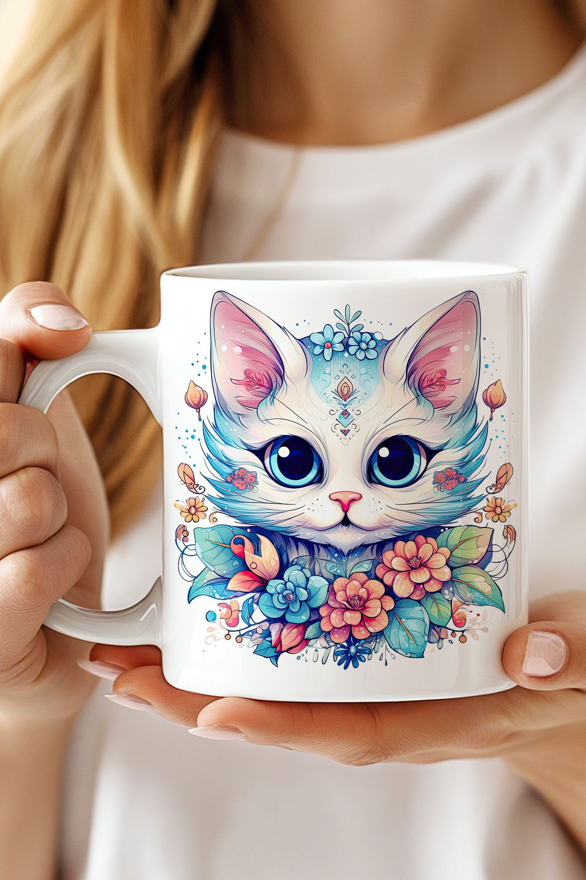 expreshediye Çiçekli Kedi, 3D Baskılı Kediki Kupa Bardak
