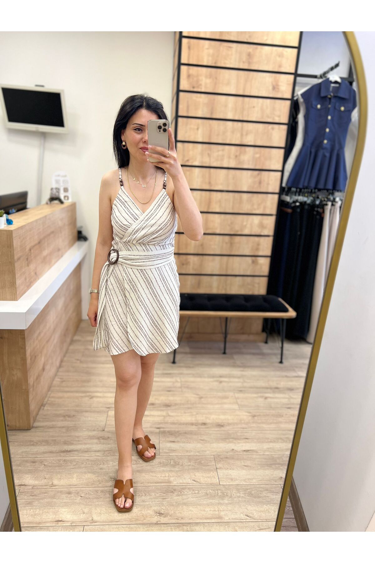 beyazmoda Bej Naturel Askılı Elbise