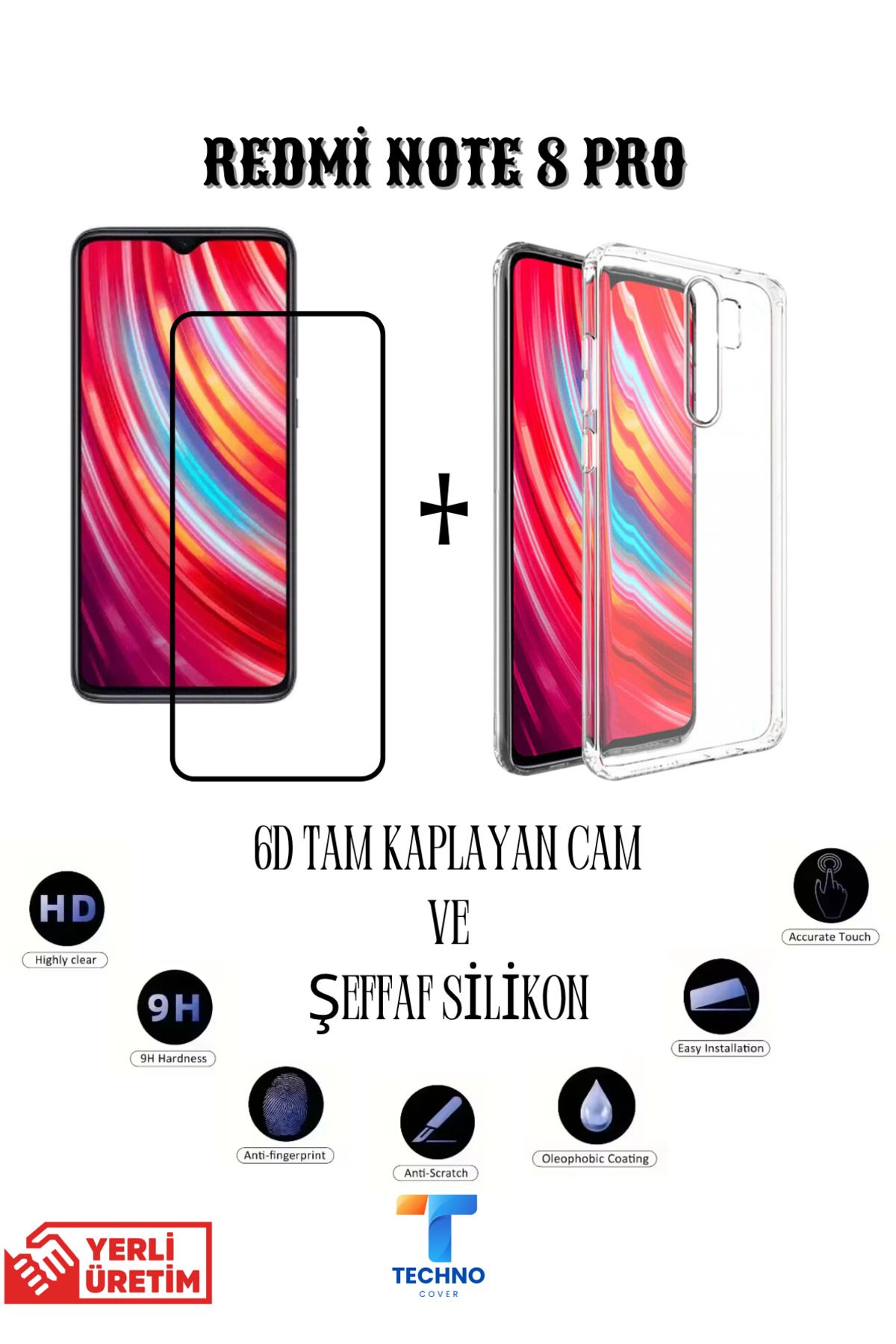 foxpower Redmi Note 8 Pro 6D Tam Kaplayan Ekran Koruyucu ve Şeffaf Kılıf 2li Avantajlı Paket