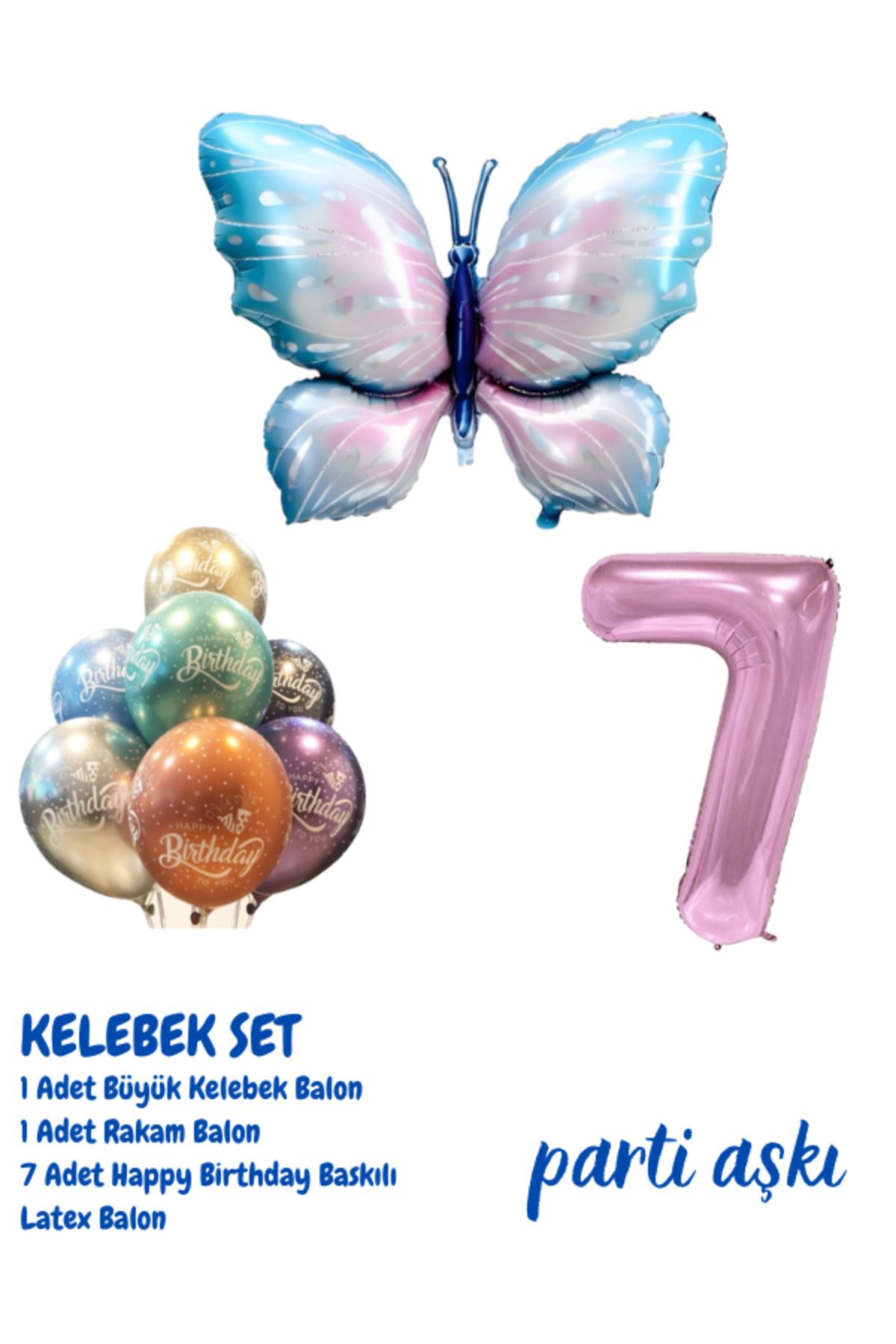 PARTİ AŞKI 7 Yaş Büyük Kelebek 3'lü Balon Seti & Kız Çocuk Bebek Konsept Doğum Günü Parti Balonu