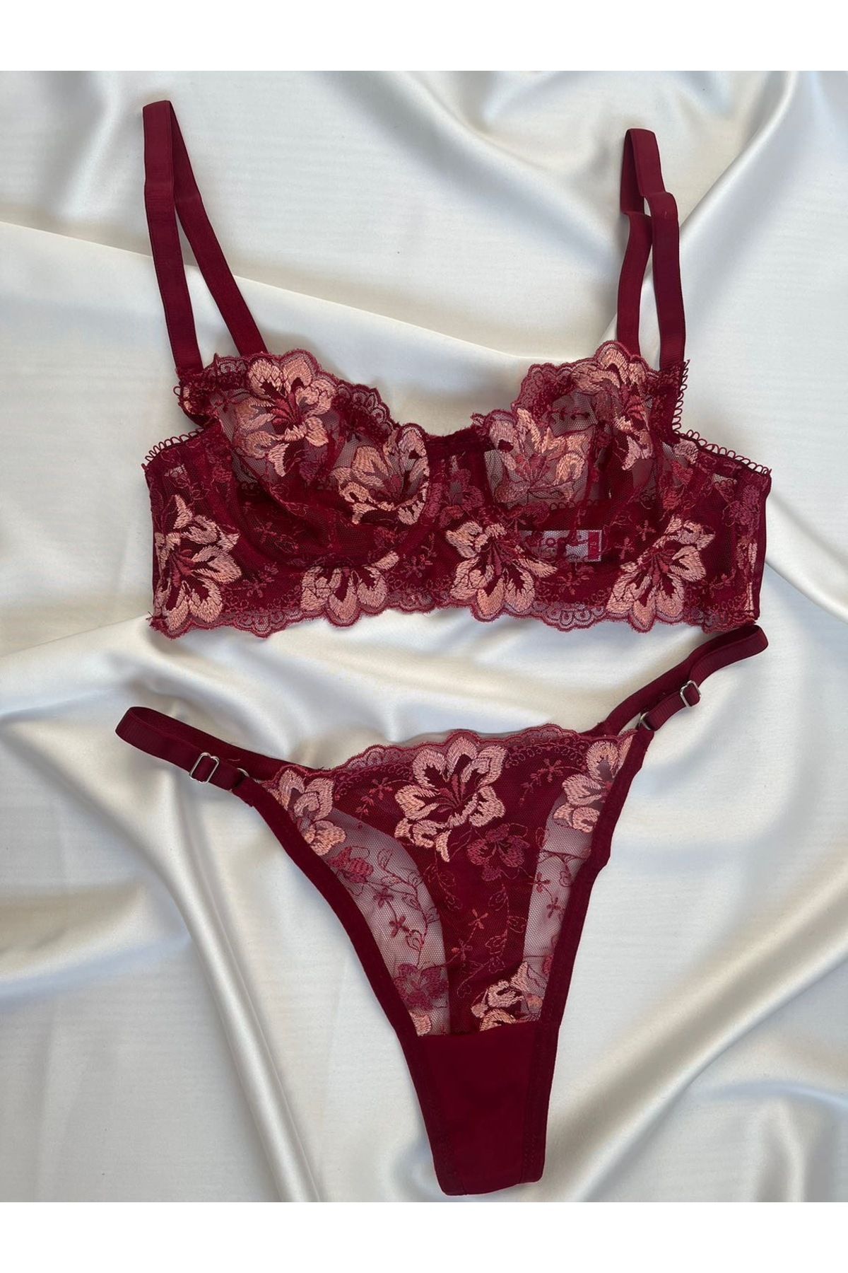 Pijamacs Bordo Çiçek Desenli Bralet Takım Sütyen Set