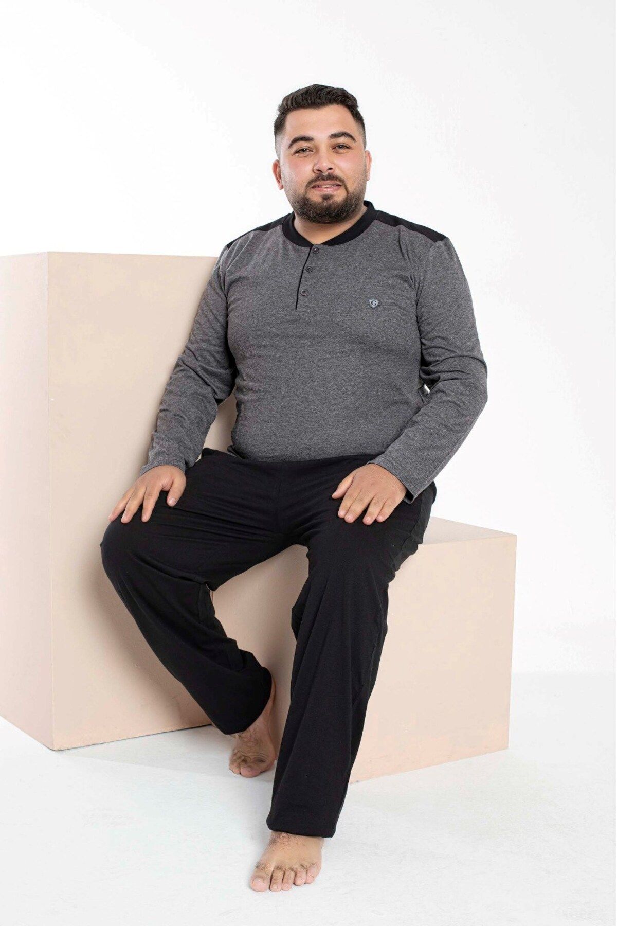 GUAVA+ Erkek Büyük Beden 3 Düğme %100 Pamuk Cepli Mevsimlik Pijama Takımı