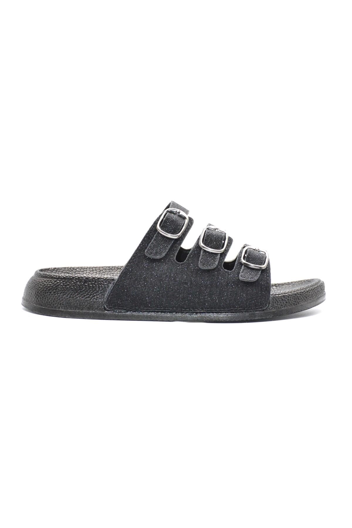 Shoemix Kadın Siyah Simli Üç Toka Günlük Anatomik Terlik