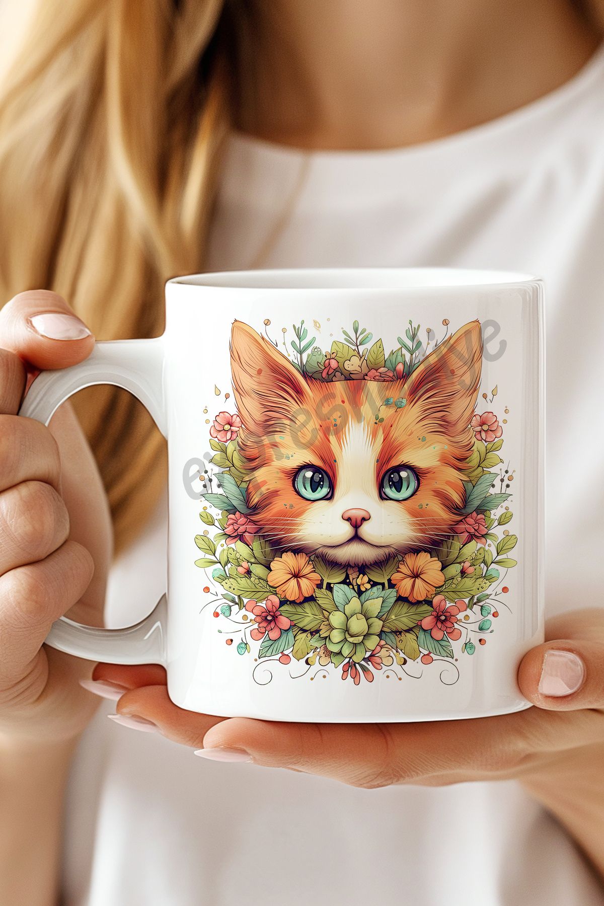 expreshediye Turuncu Çiçekli Kedi, 3D Kedi Kupa Bardak