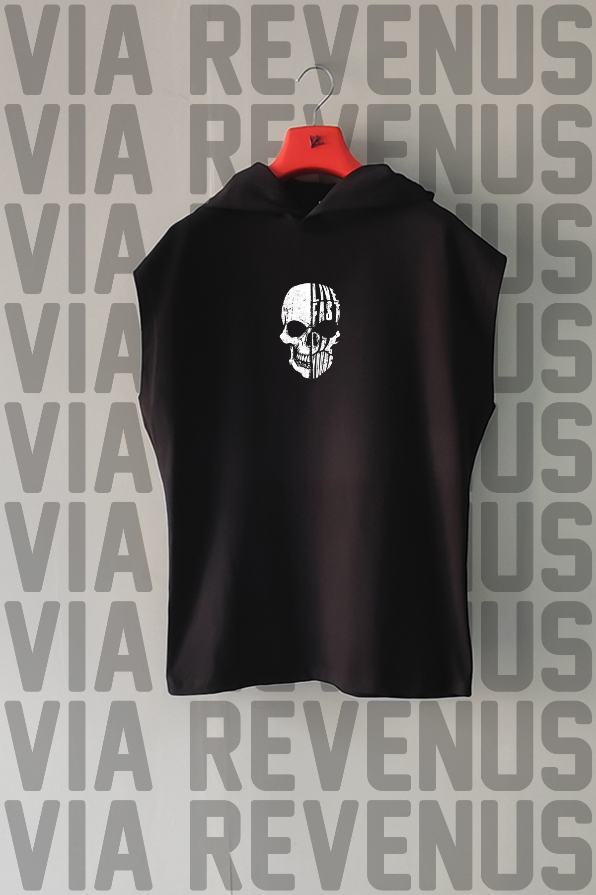 Vordevia Live Fast Die Young Ön ve Arka Baskılı Sıfır Kollu Kapüşonlu %100 Pamuk Spor Tshirt görsel 2