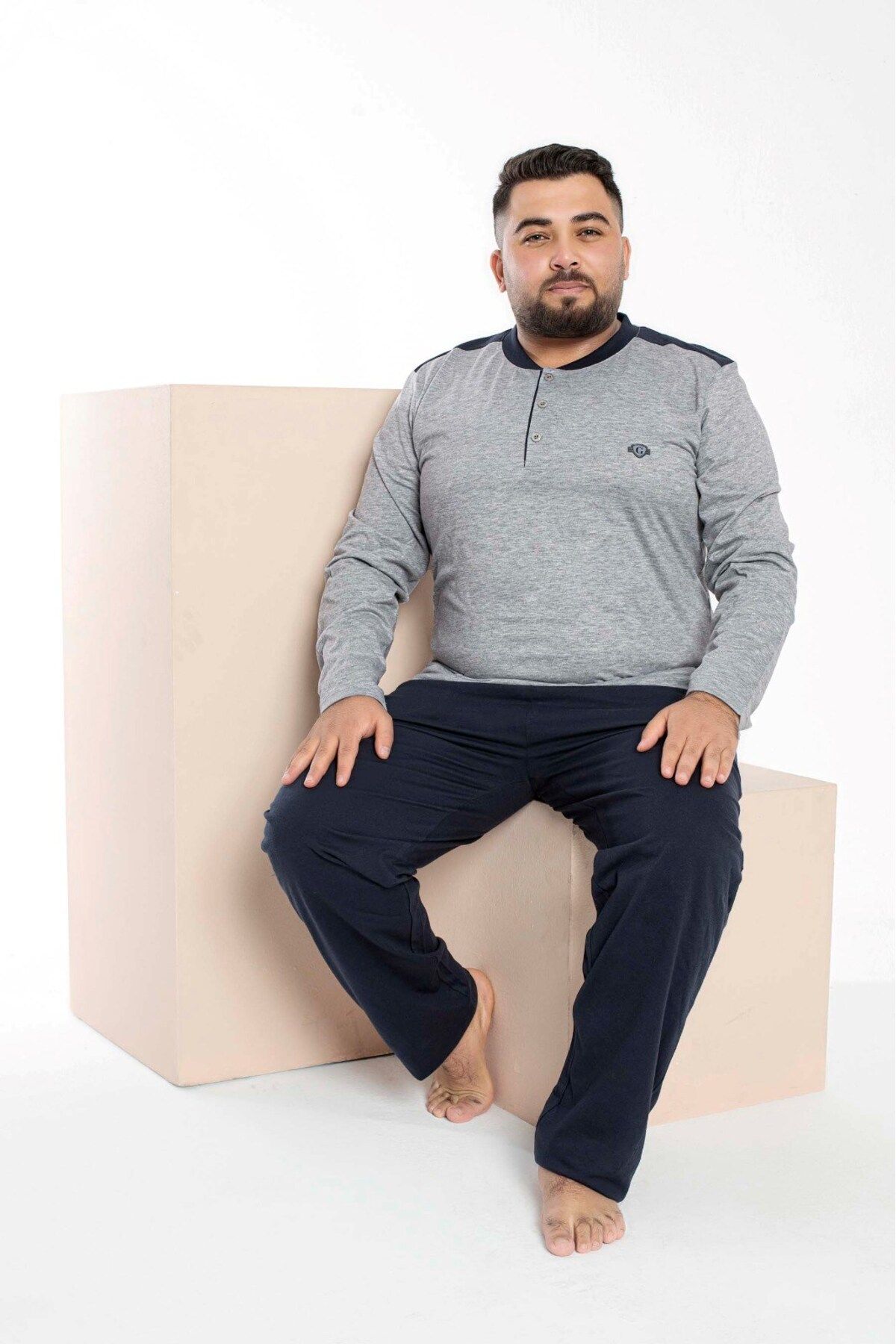 GUAVA+ Erkek Büyük Beden 3 Düğme %100 Pamuk Cepli Mevsimlik Pijama Takımı