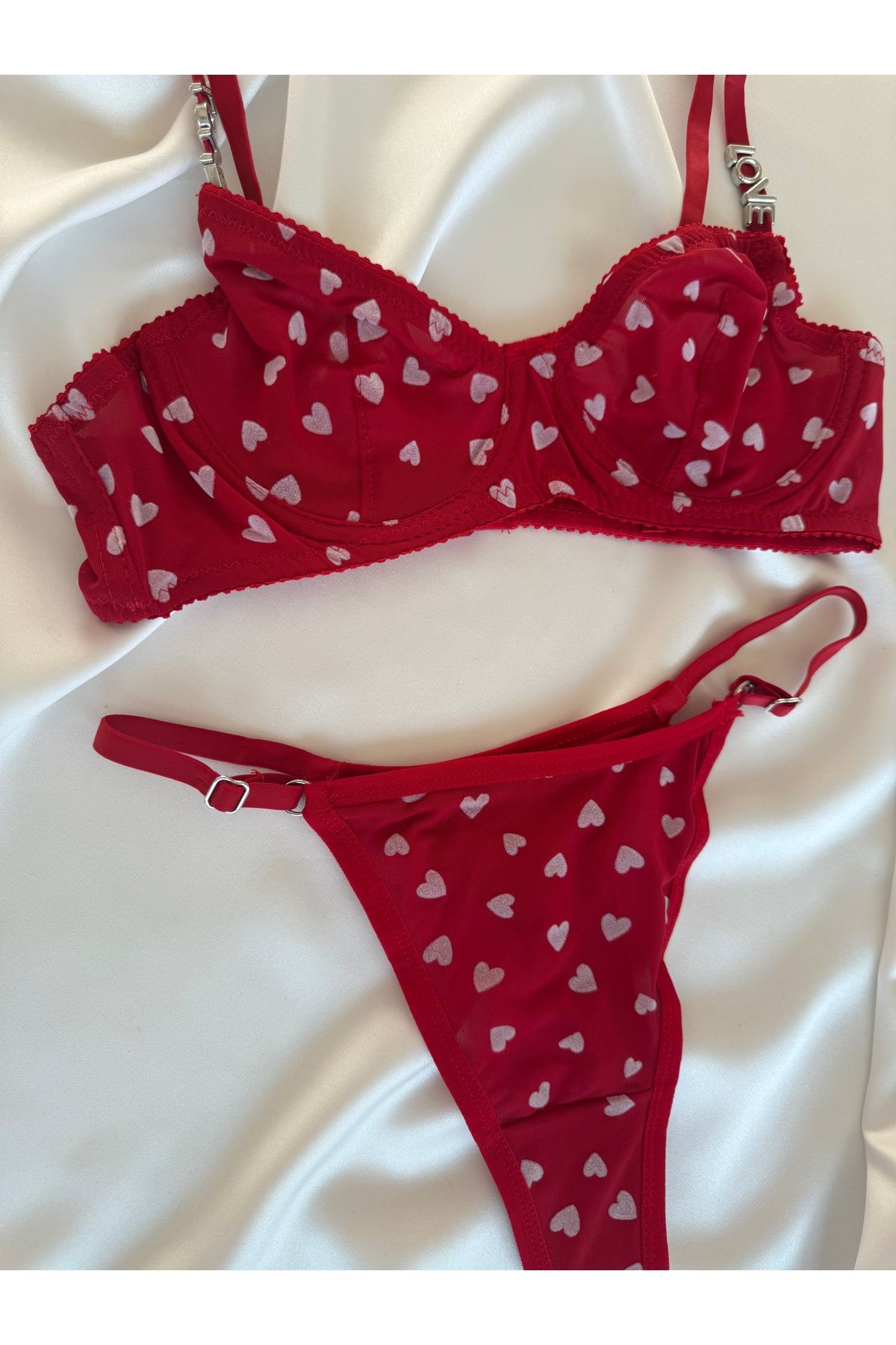 Pijamacs-Transparent Detailed Red Heart Patterned Bralet Set Bra Set 3