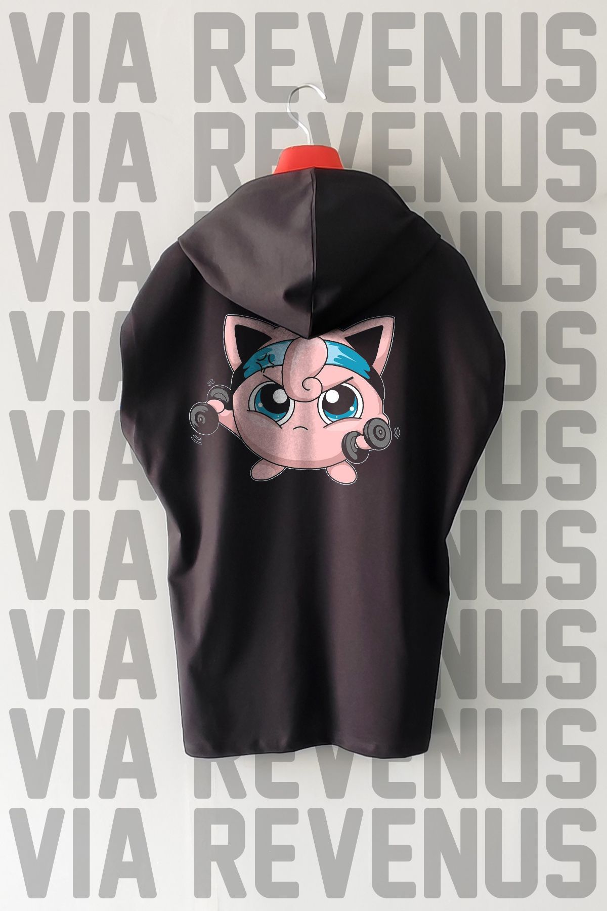 Vordevia Gym Jigglypuff Ön ve Arka Baskılı Sıfır Kollu Kapüşonlu %100 Pamuk Spor Tshirt