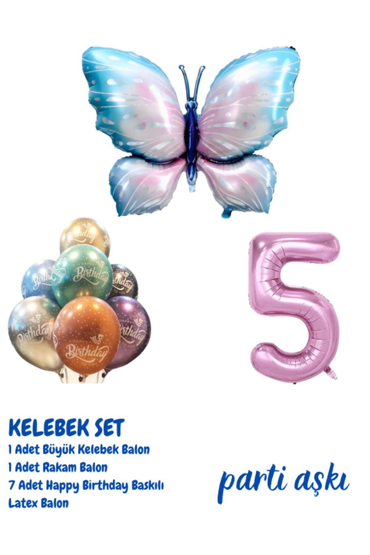 PARTİ AŞKI 5 Yaş Büyük Kelebek 3'lü Balon Seti & Kız Çocuk Bebek Konsept Doğum Günü Parti Balonu
