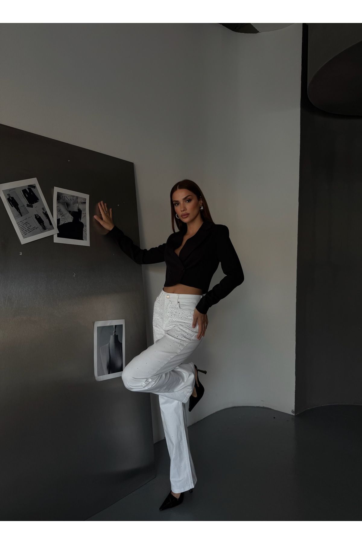 Diviny Kadın Beyaz Taş Detay Yüksek Bel Palazzo Jean